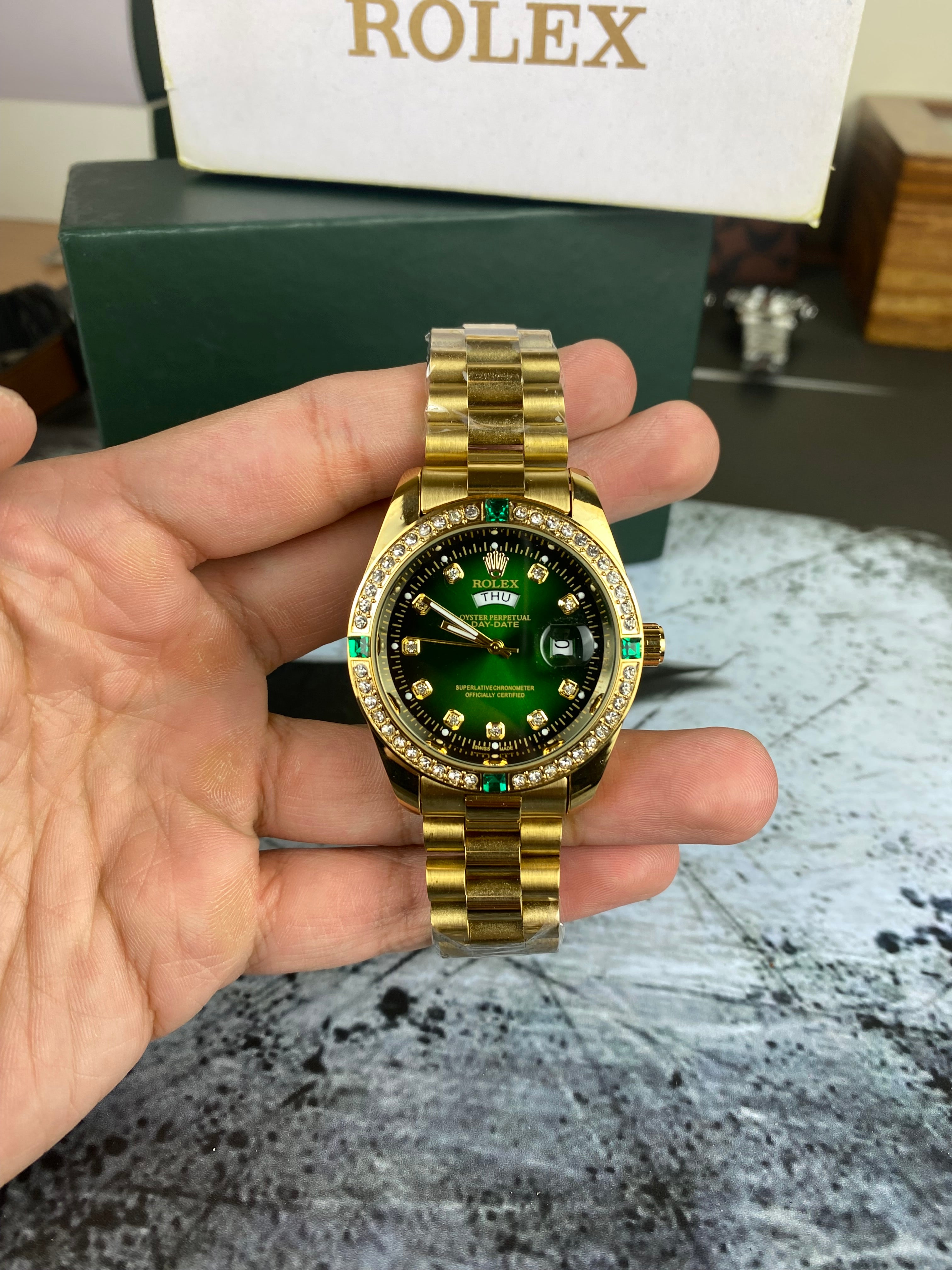 RLX Day-Date(Green) dial with diamond Bezel
