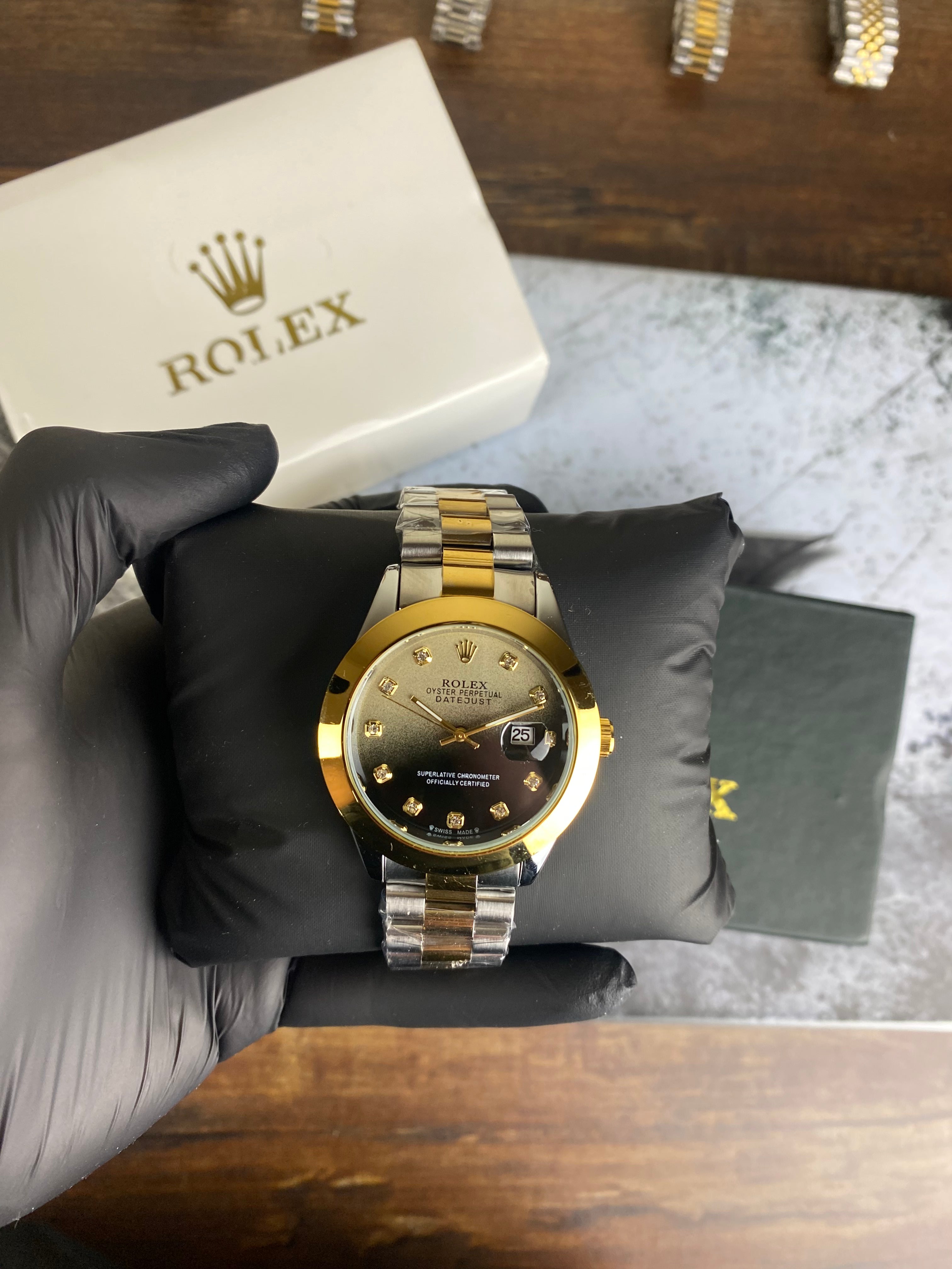 RLX – Royal Gold Black Diamond Date Quartz Dial