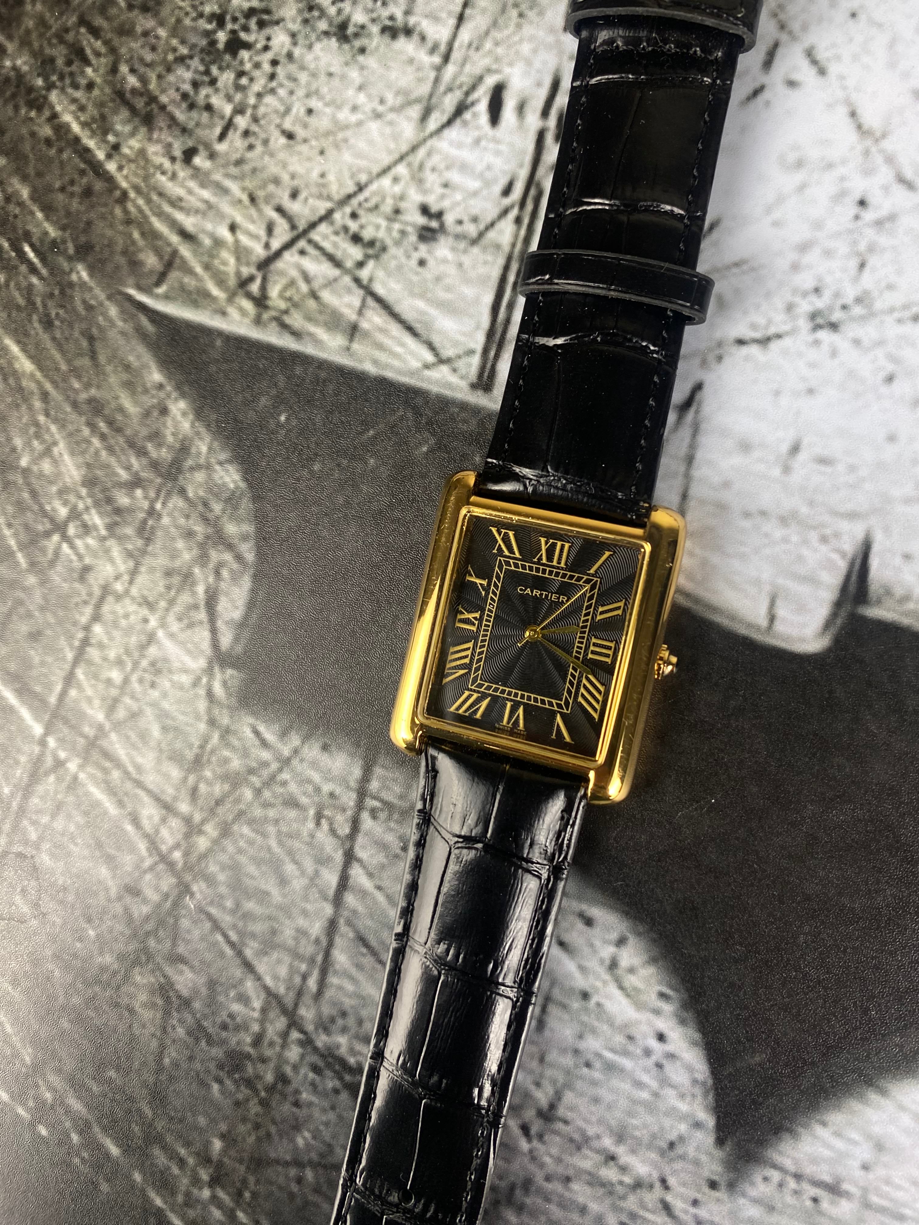 ⌚ Cartier Inspired Rectangular Black Dial Gold Tone Watch