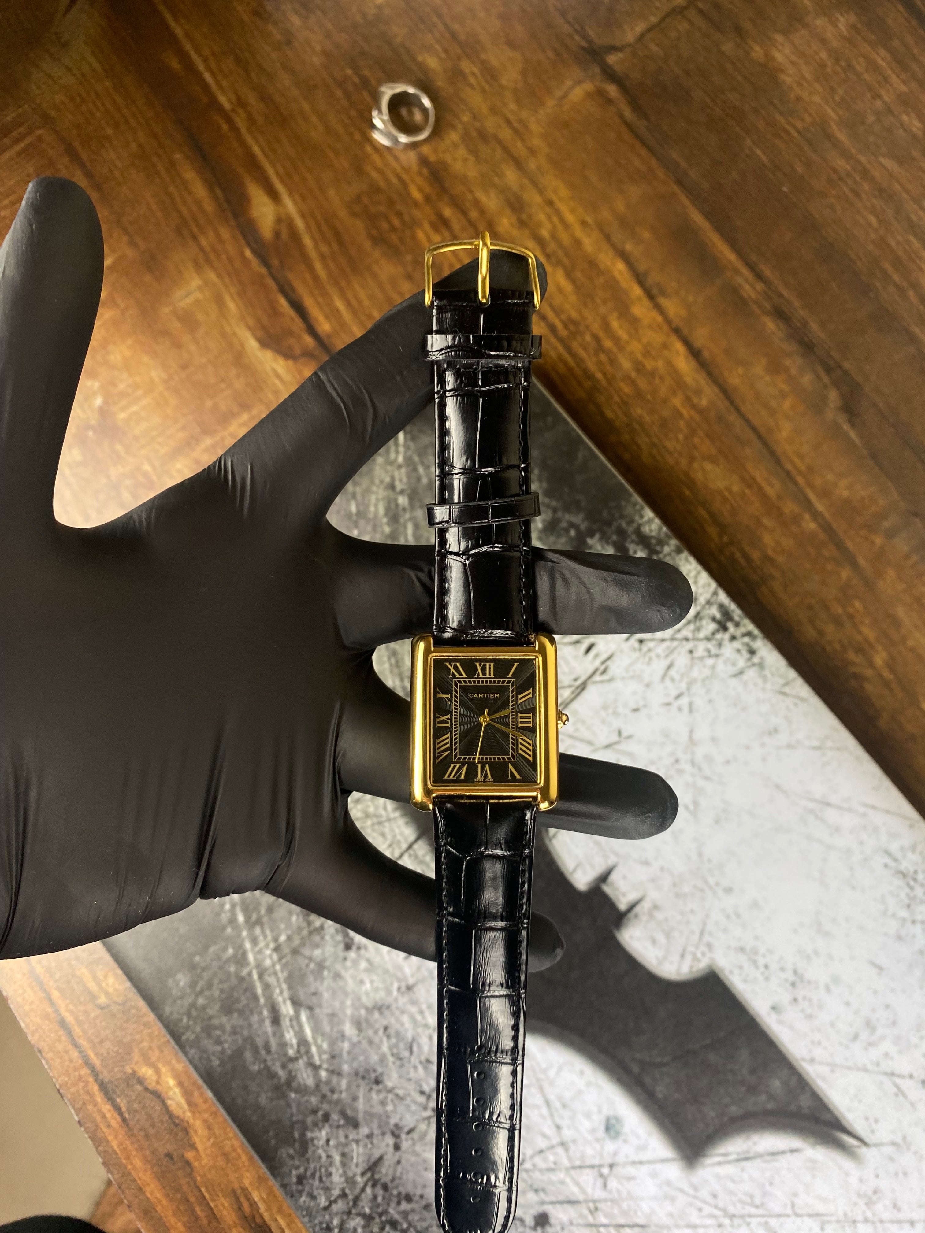 ⌚ Cartier Inspired Rectangular Black Dial Gold Tone Watch