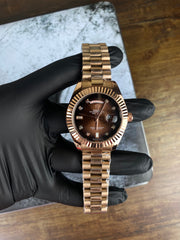 RLX Luxury Rose Gold Day-Date Brown Dial Watch