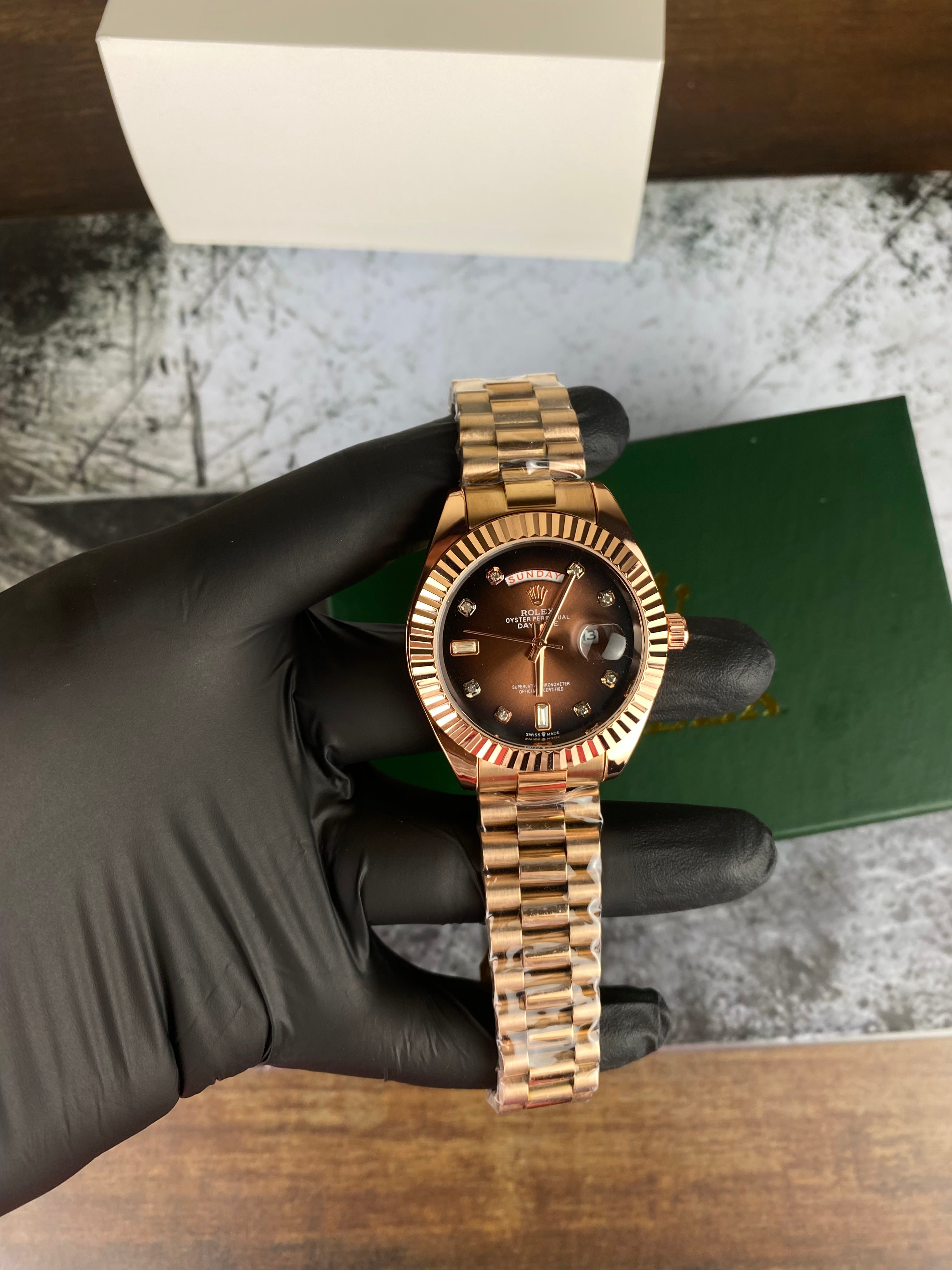 RLX Luxury Rose Gold Day-Date Brown Dial Watch