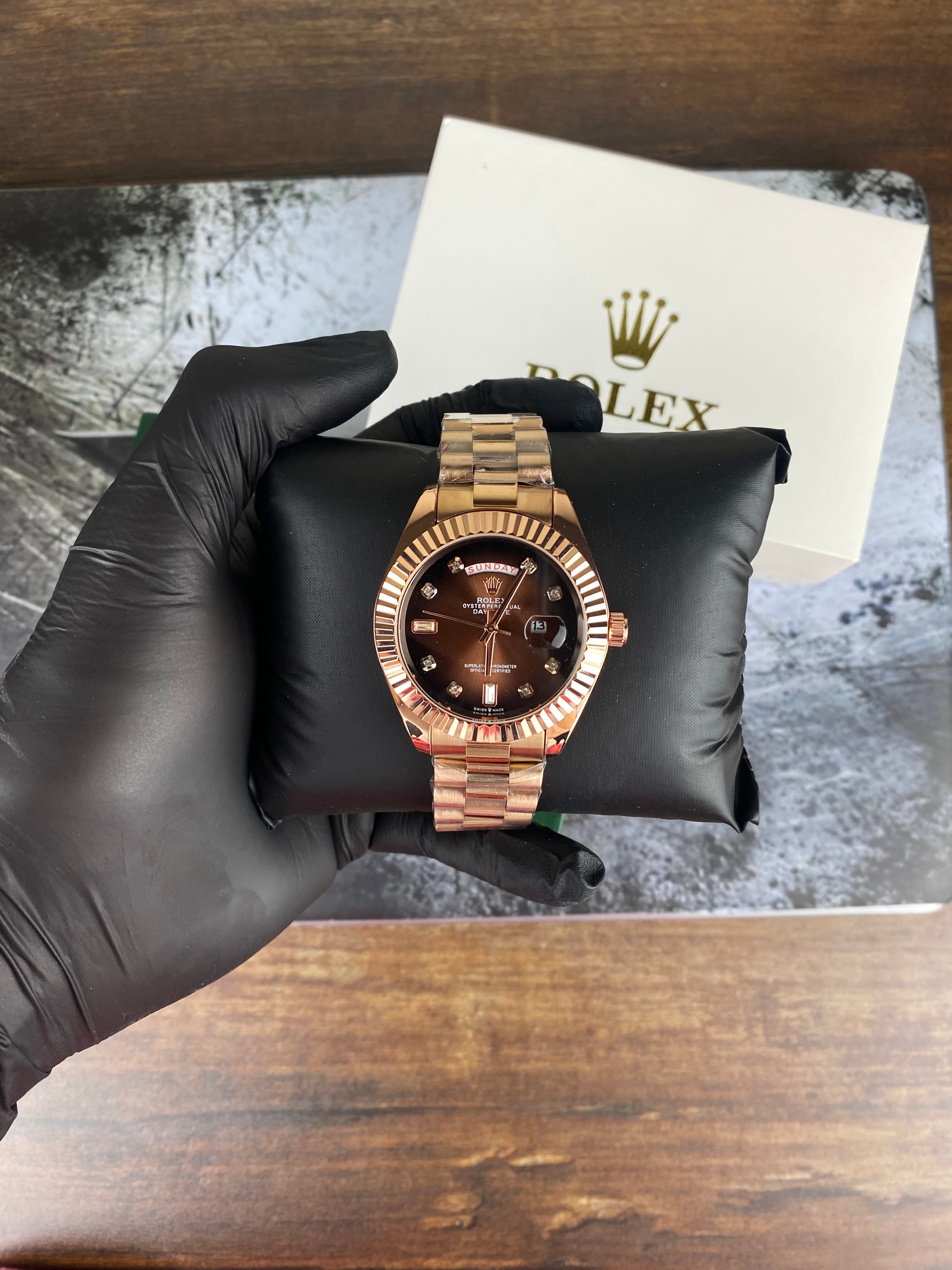 RLX Luxury Rose Gold Day-Date Brown Dial Watch