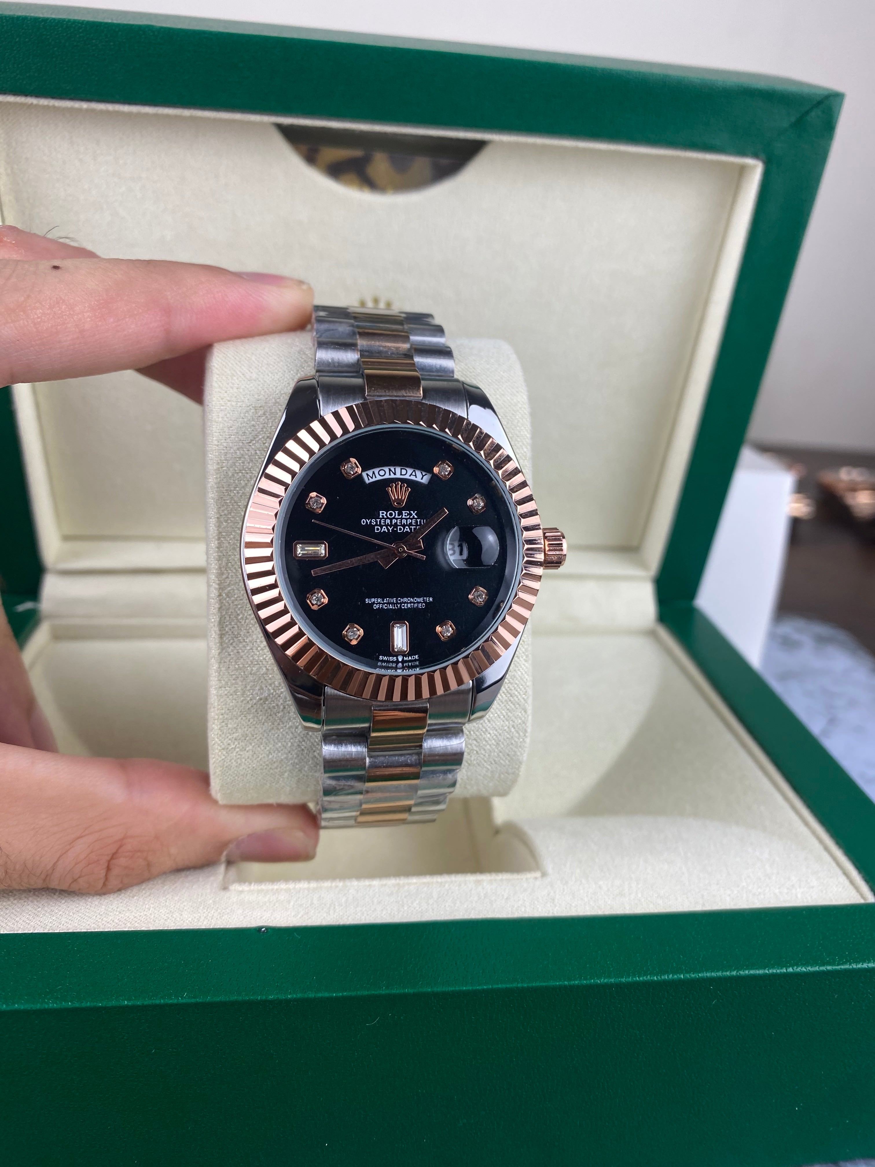 RLX Luxury Day-Date Rose Gold Black Dial Watch