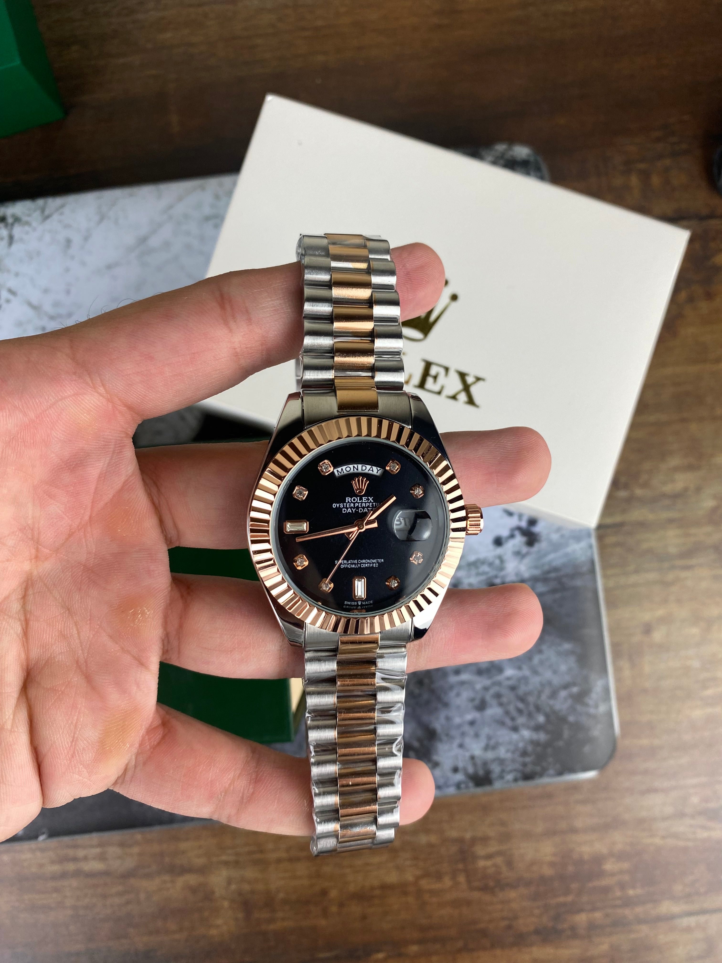 RLX Luxury Day-Date Rose Gold Black Dial Watch
