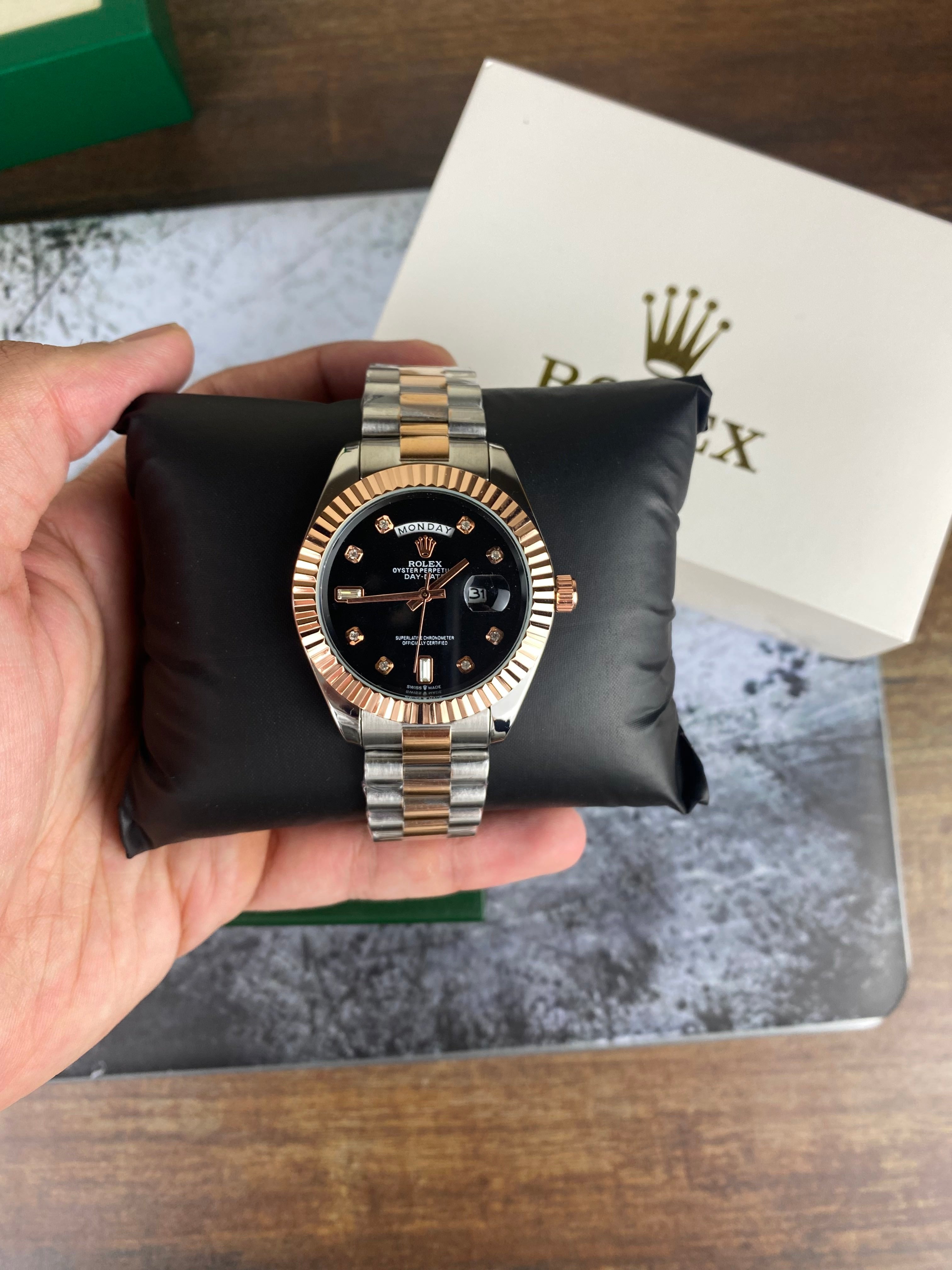 RLX Luxury Day-Date Rose Gold Black Dial Watch