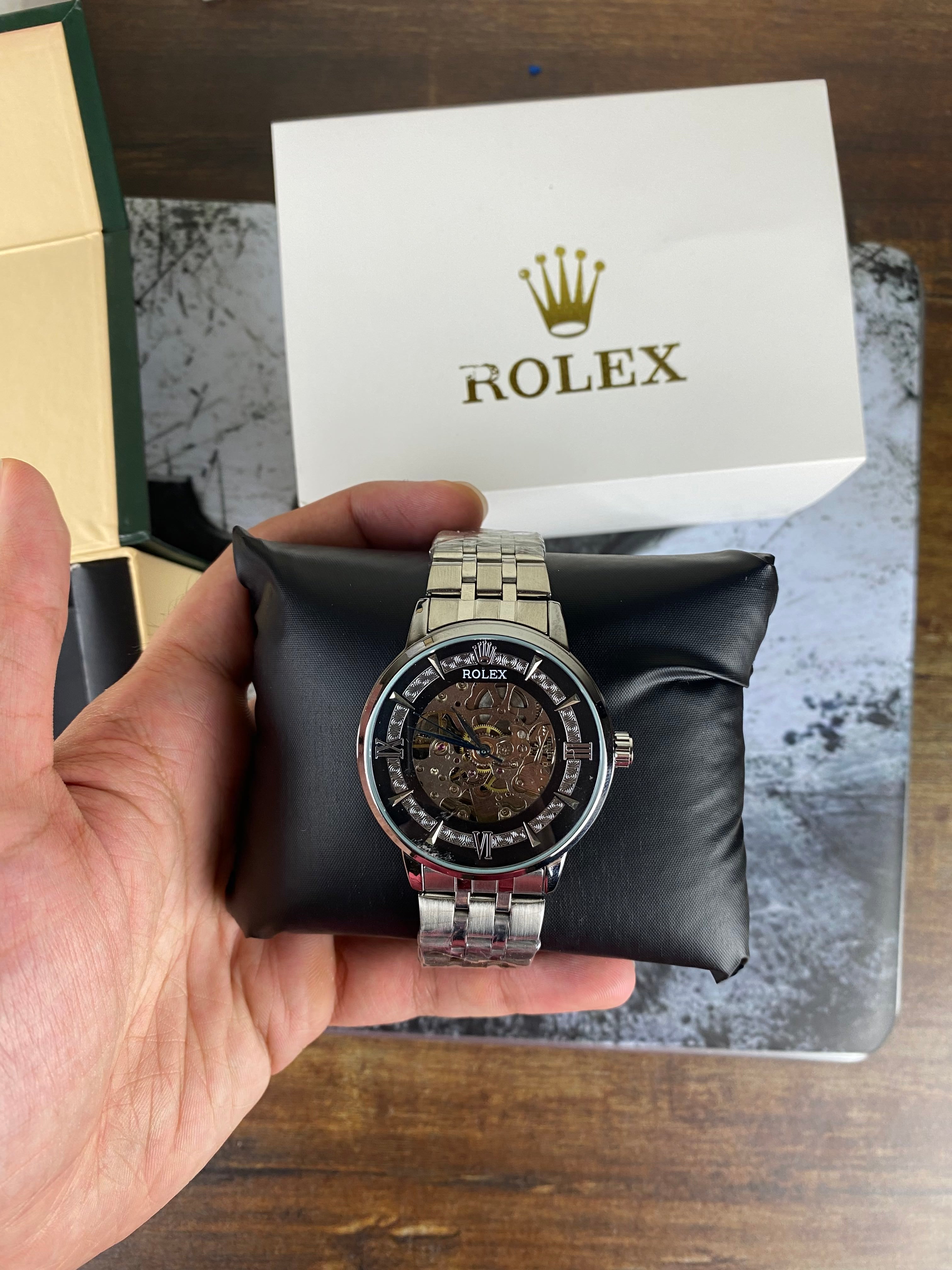 Rolex Black Skeleton Dial Stainless Steel Automatic Style Men's Watch
