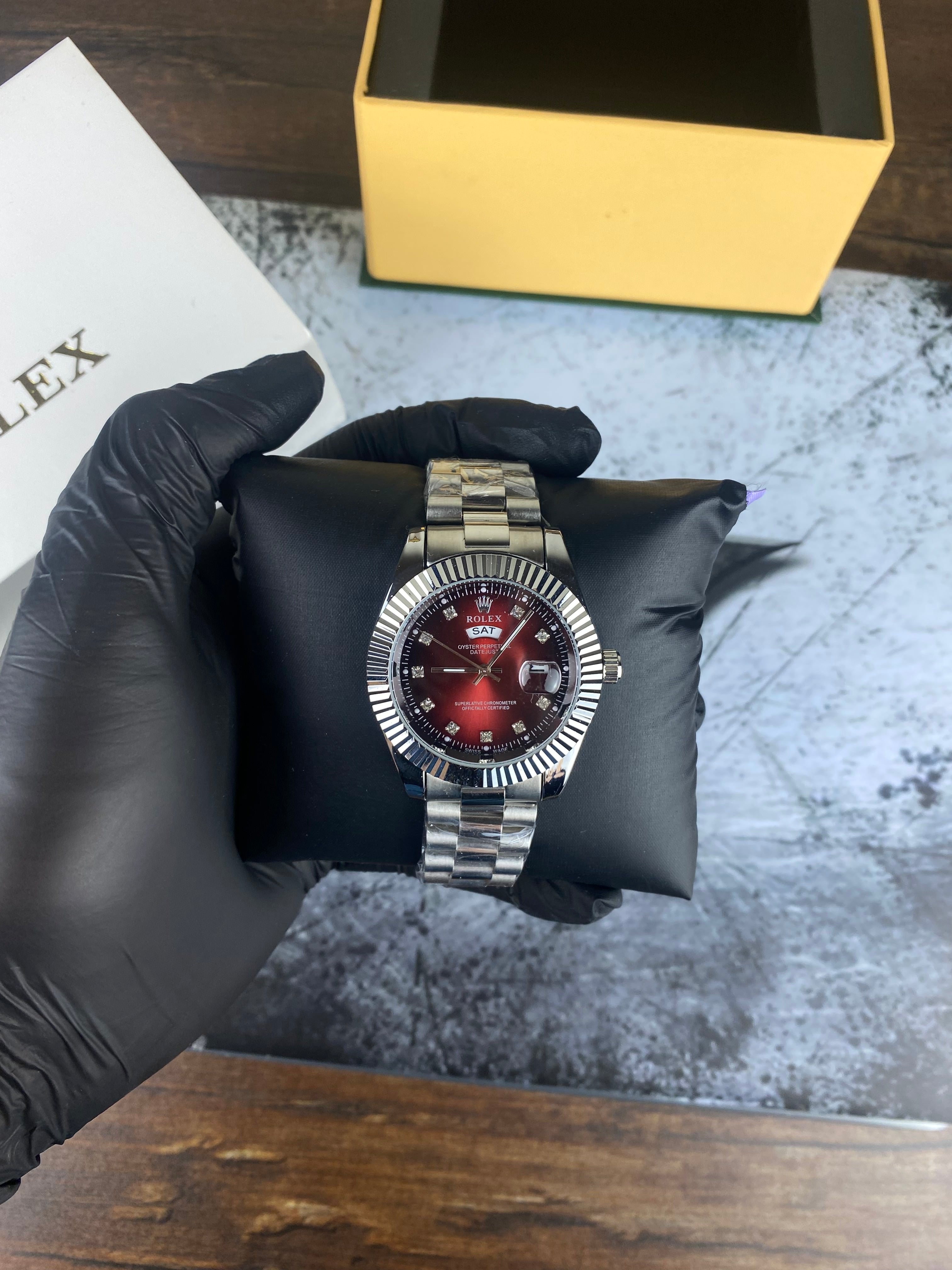 Rolex Oyster Perpetual Day-Date – Burgundy Diamond Dial Luxury Watch