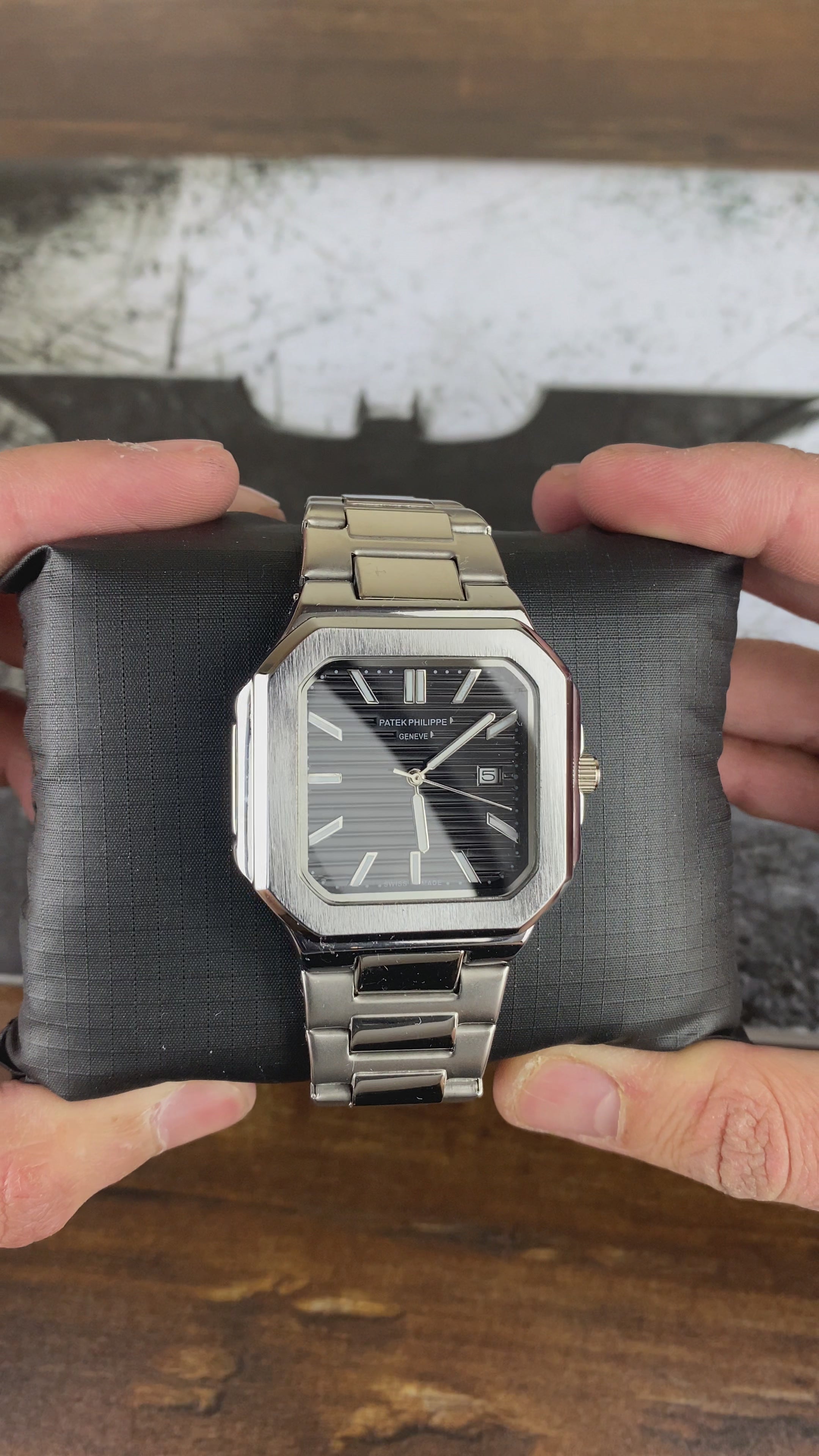 Load video: PP Square Steel Black Dial