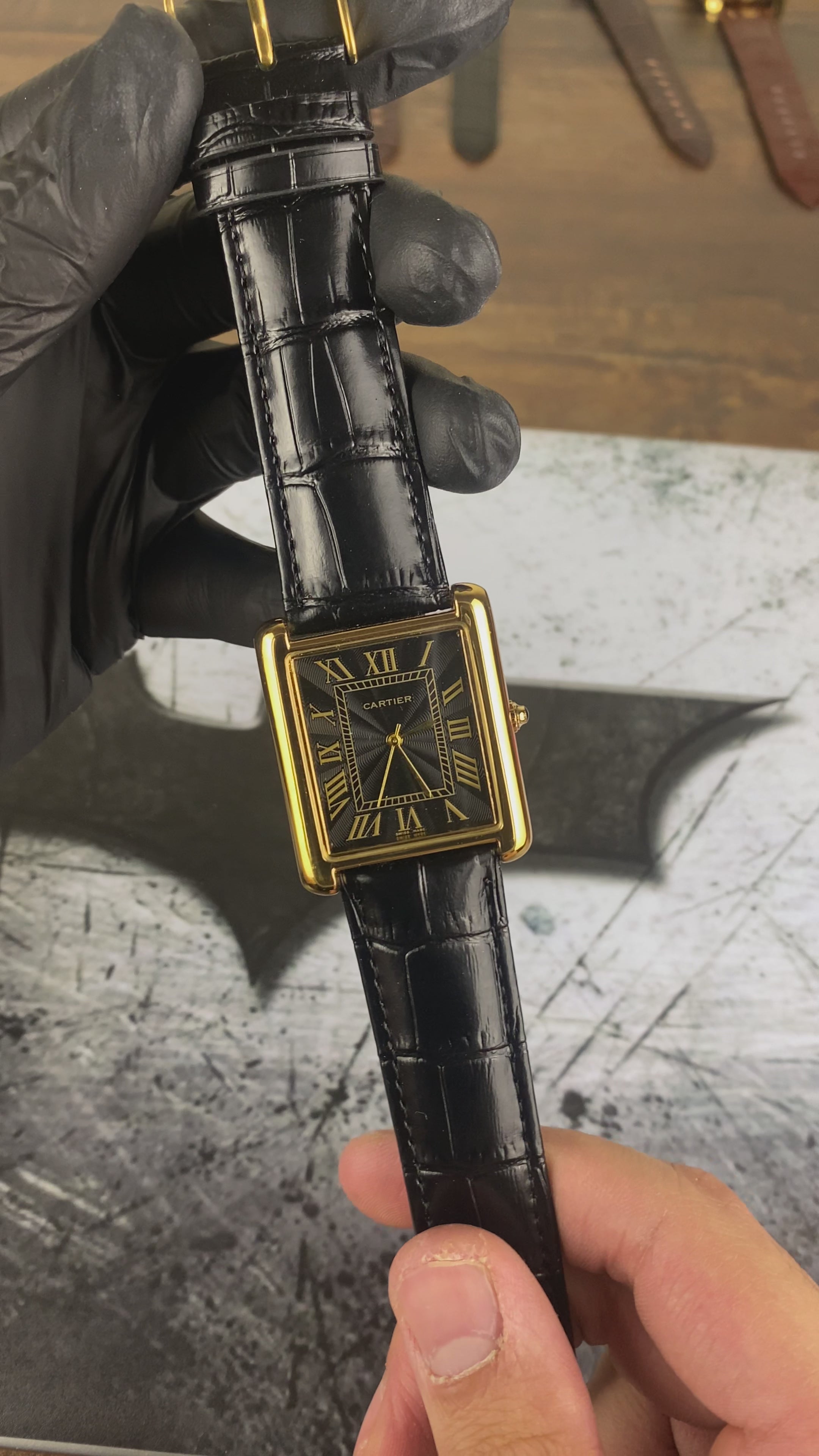 Load video: ⌚ Cartier Inspired Rectangular Black Dial Gold Tone Watch