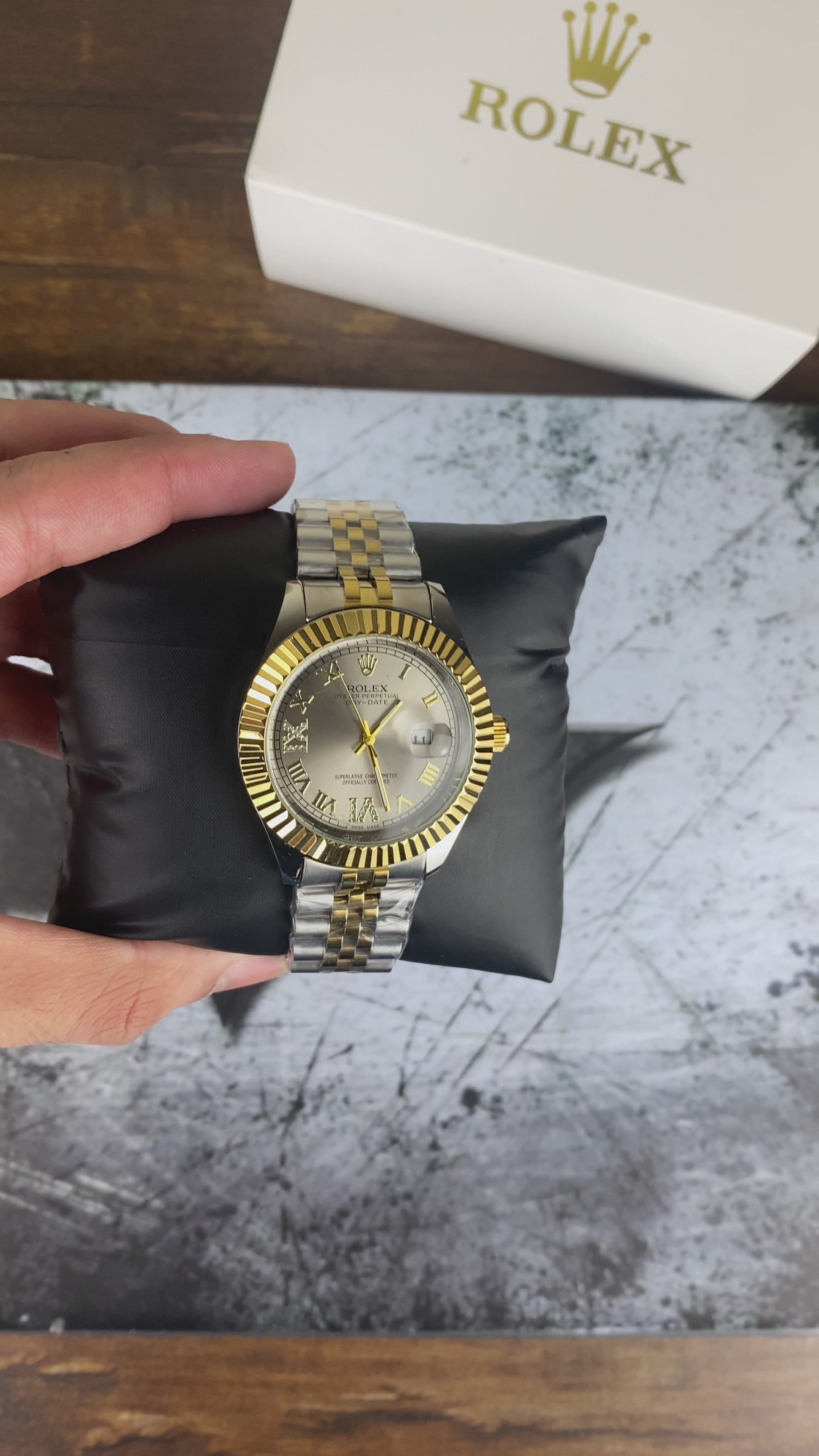Load video: Rolex Oyster Perpetual Day-Date – Silver Roman Dial Luxury Watch