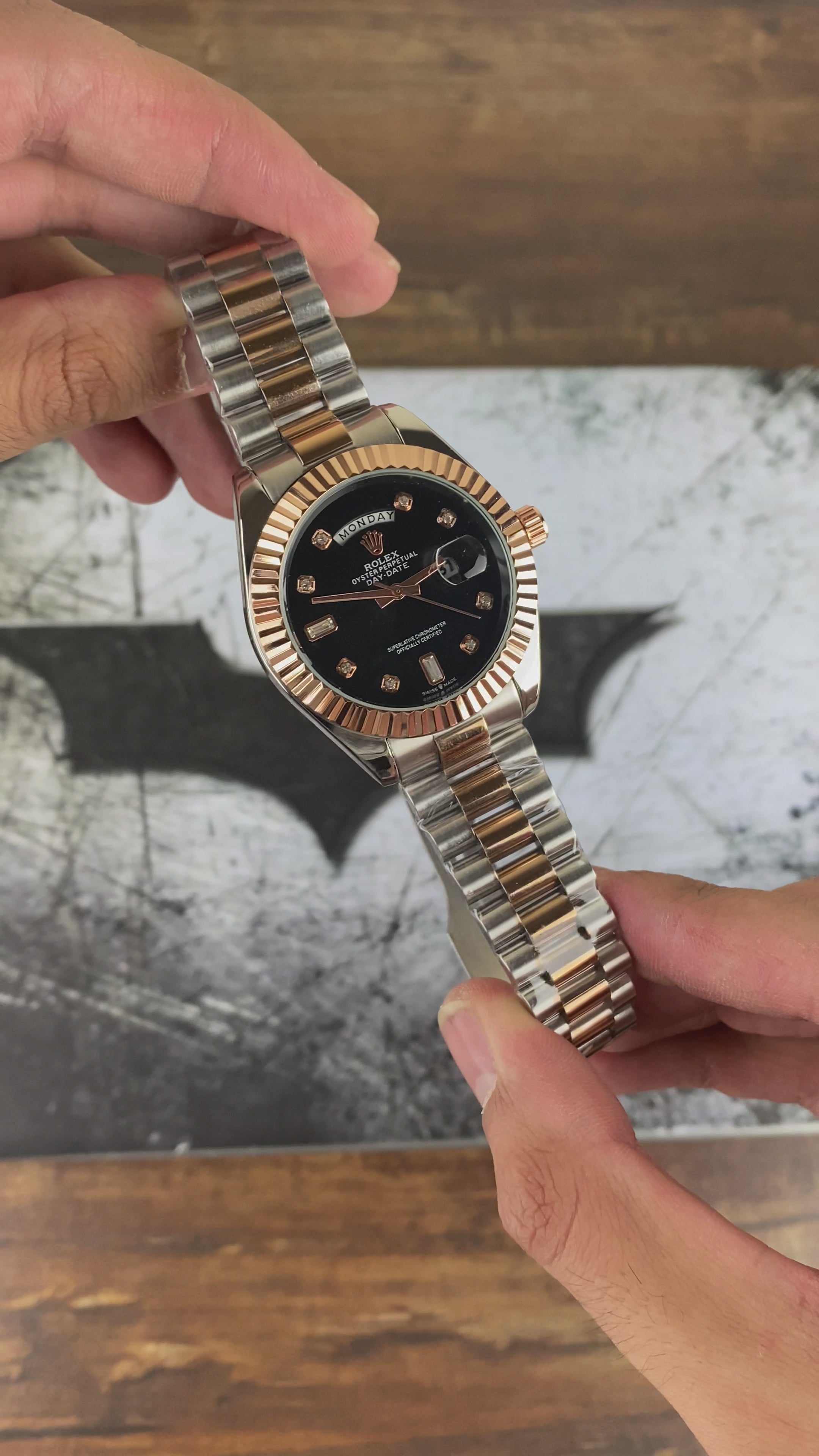Load video: RLX Luxury Day-Date Rose Gold Black Dial Watch