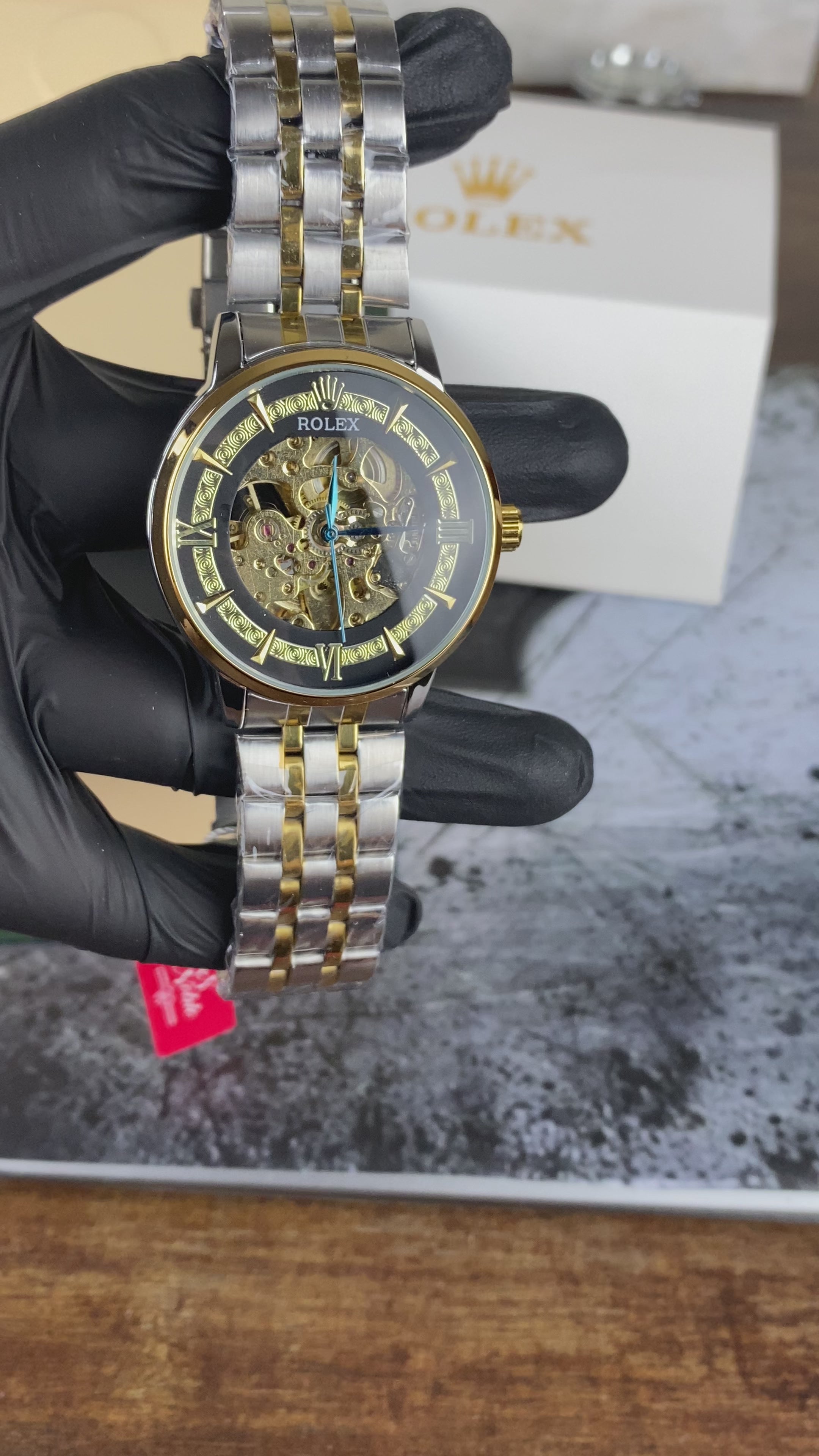 Load video: Rolex Skeleton Dial Two-Tone Automatic Style Men's Watch