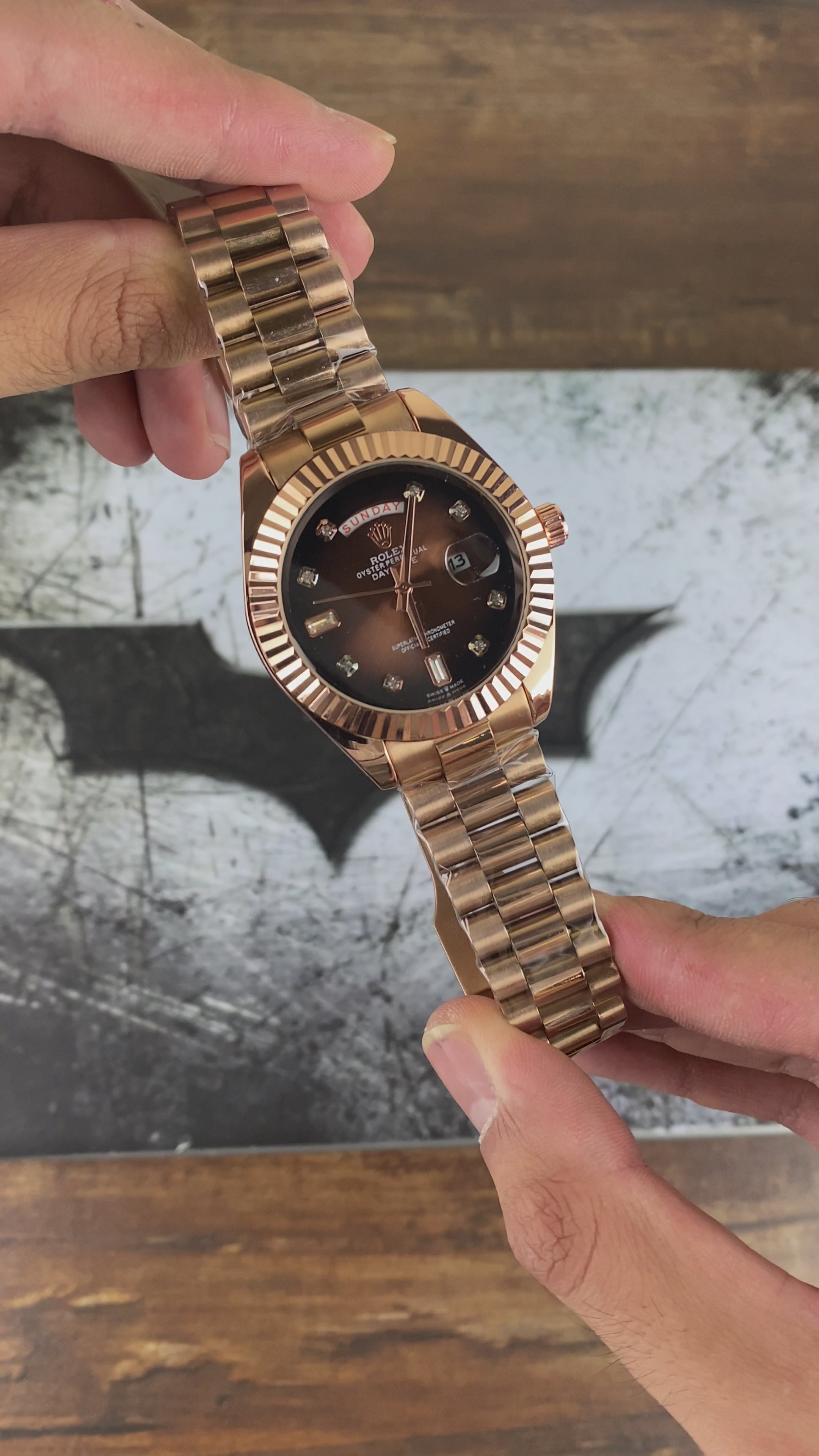 Load video: RLX Luxury Rose Gold Day-Date Brown Dial Watch