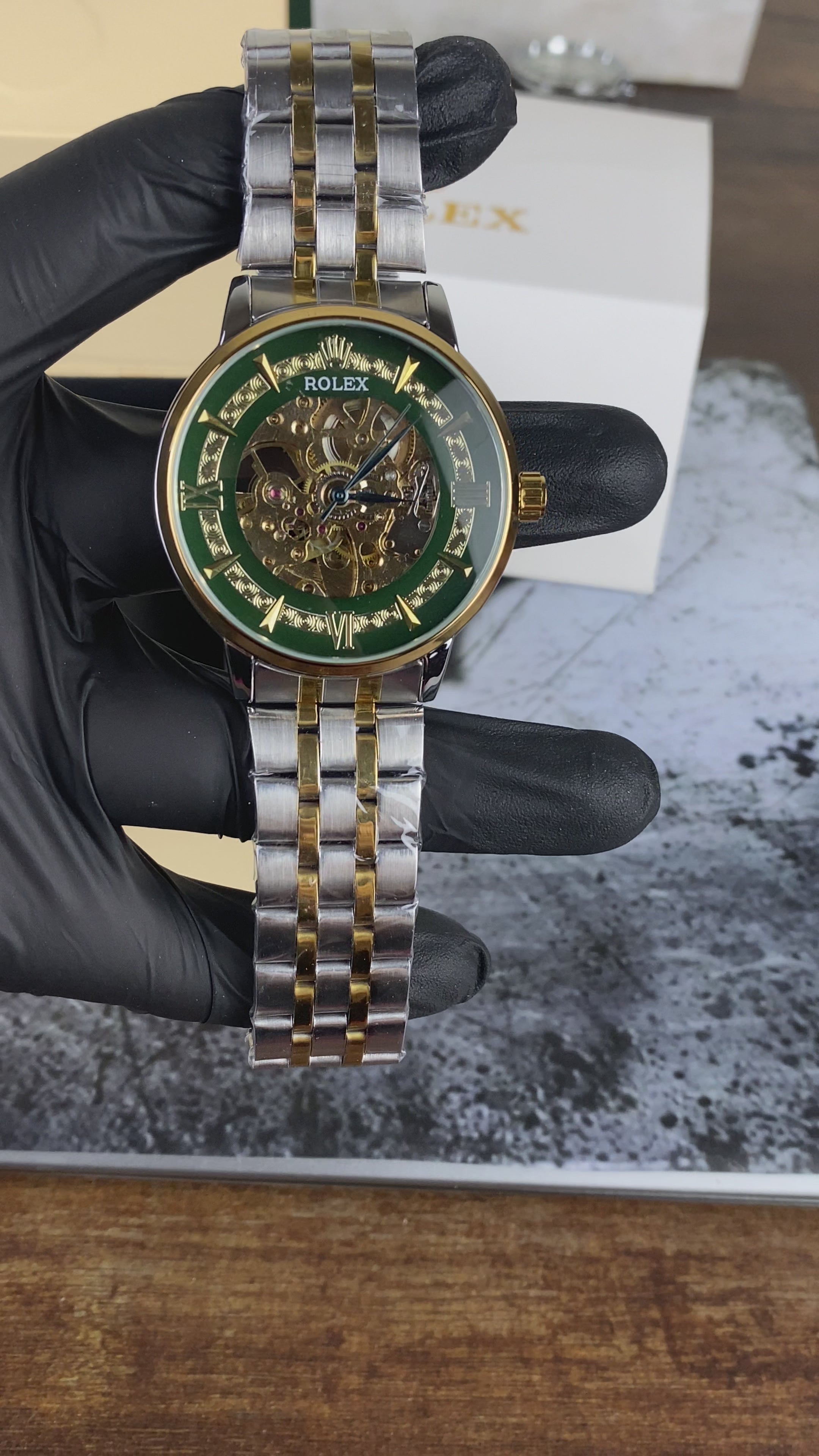 Load video: Rolex Green Skeleton Dial Two-Tone Automatic Style Men's Watch