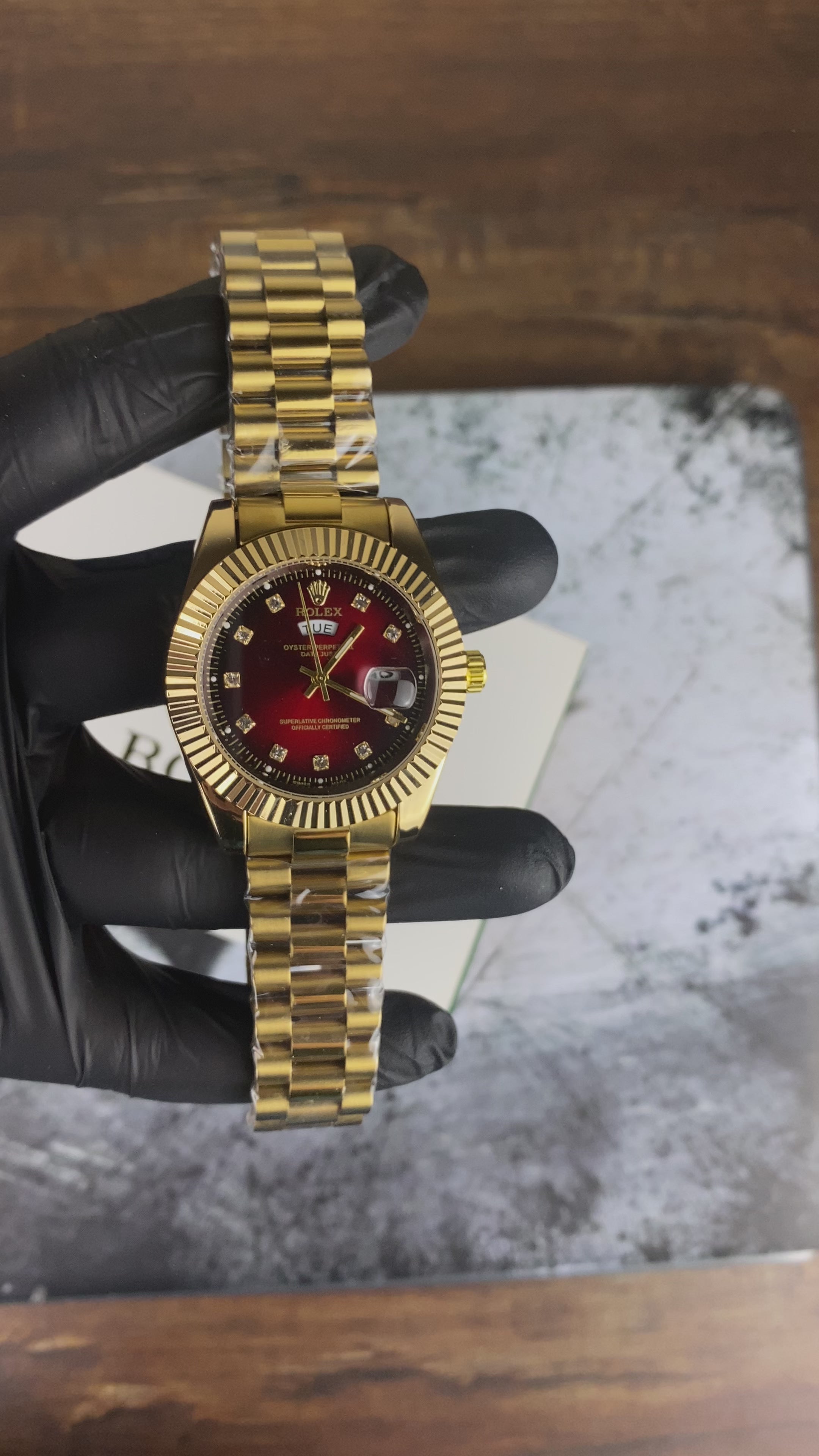 Load video: Rolex Gold Day-Date Red Dial Luxury Watch