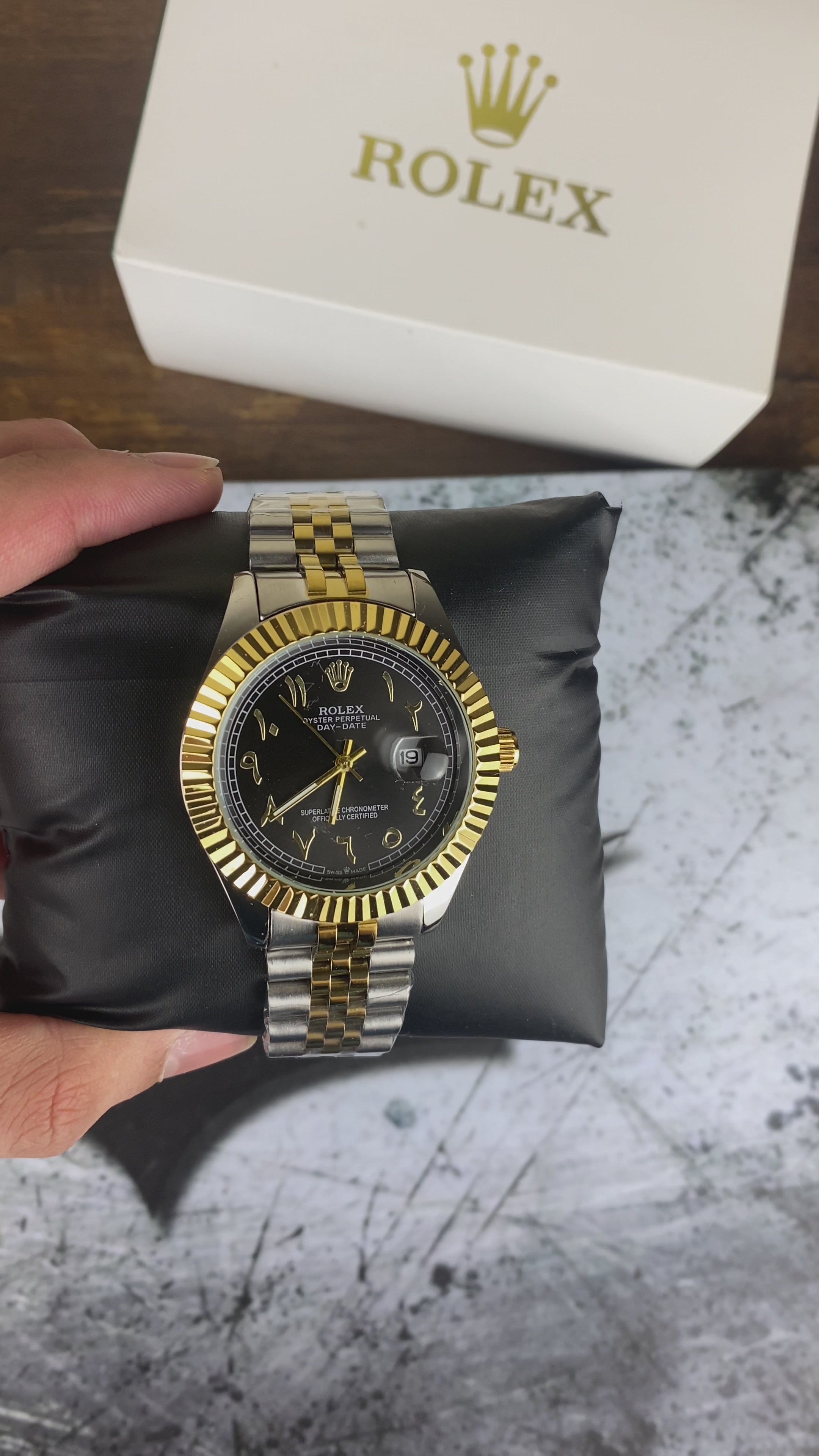 Load video: Rolex Two-Tone Black &amp; Gold Luxury Day-Date Watch