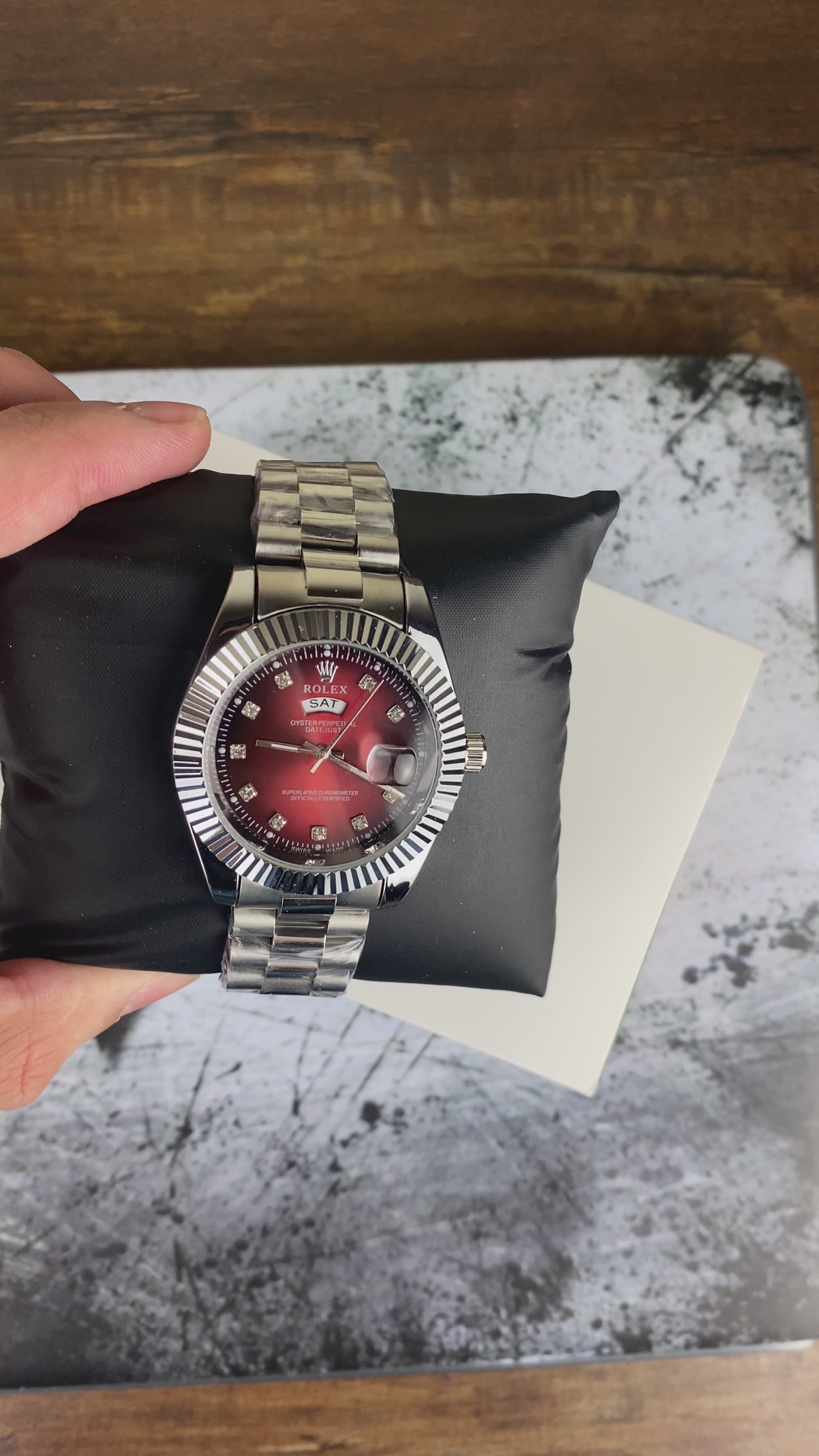 Load video: Rolex Oyster Perpetual Day-Date – Burgundy Diamond Dial Luxury Watch
