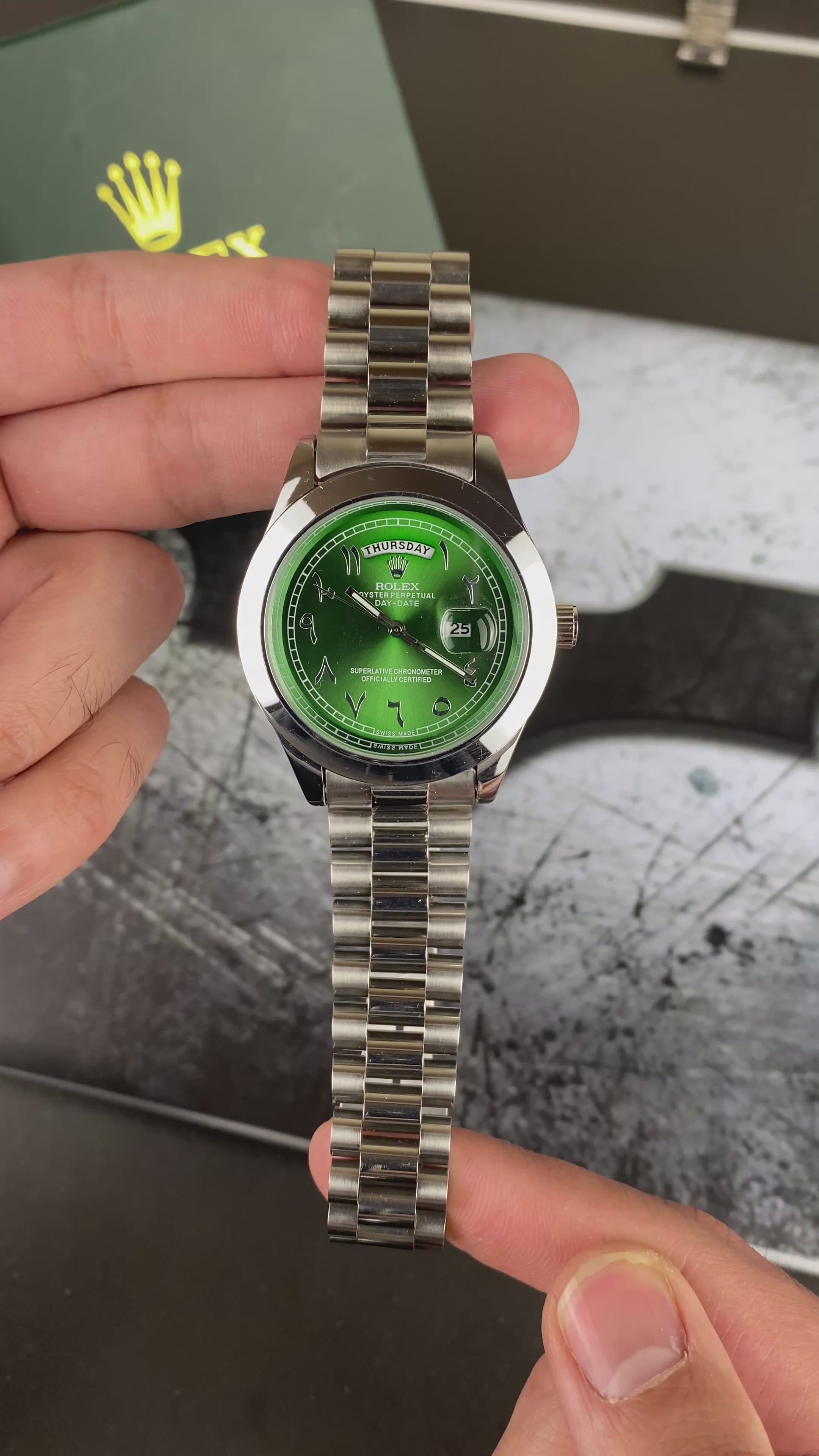 Load video: RLX Day-Date Arabic Royal Green