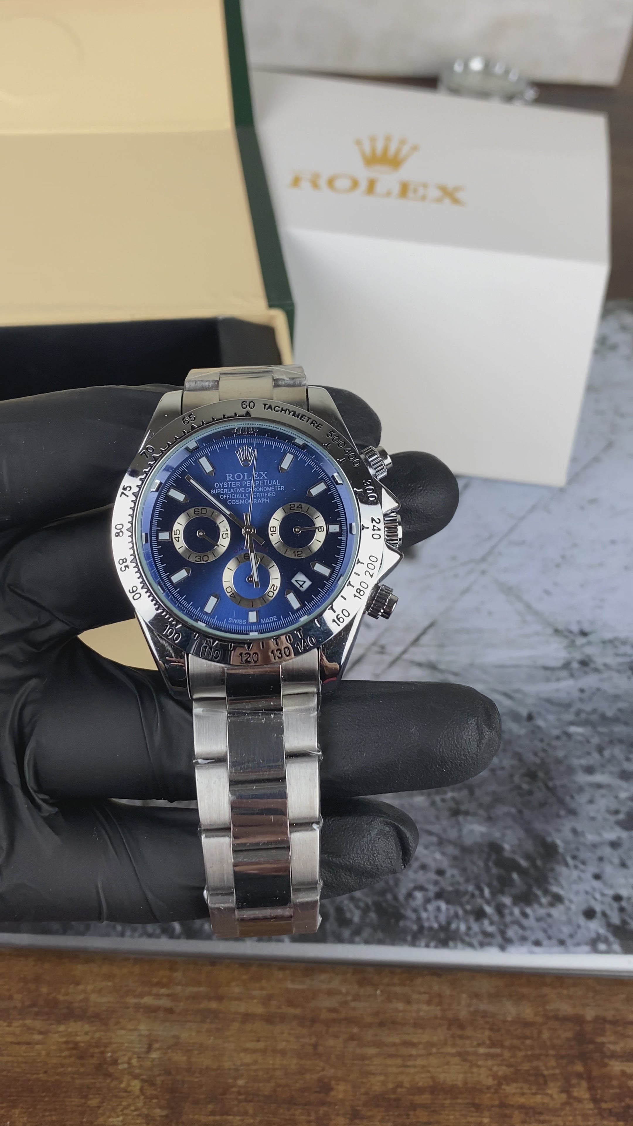 Load video: Luxury Silver Blue Chronograph Inspired Men's Watch