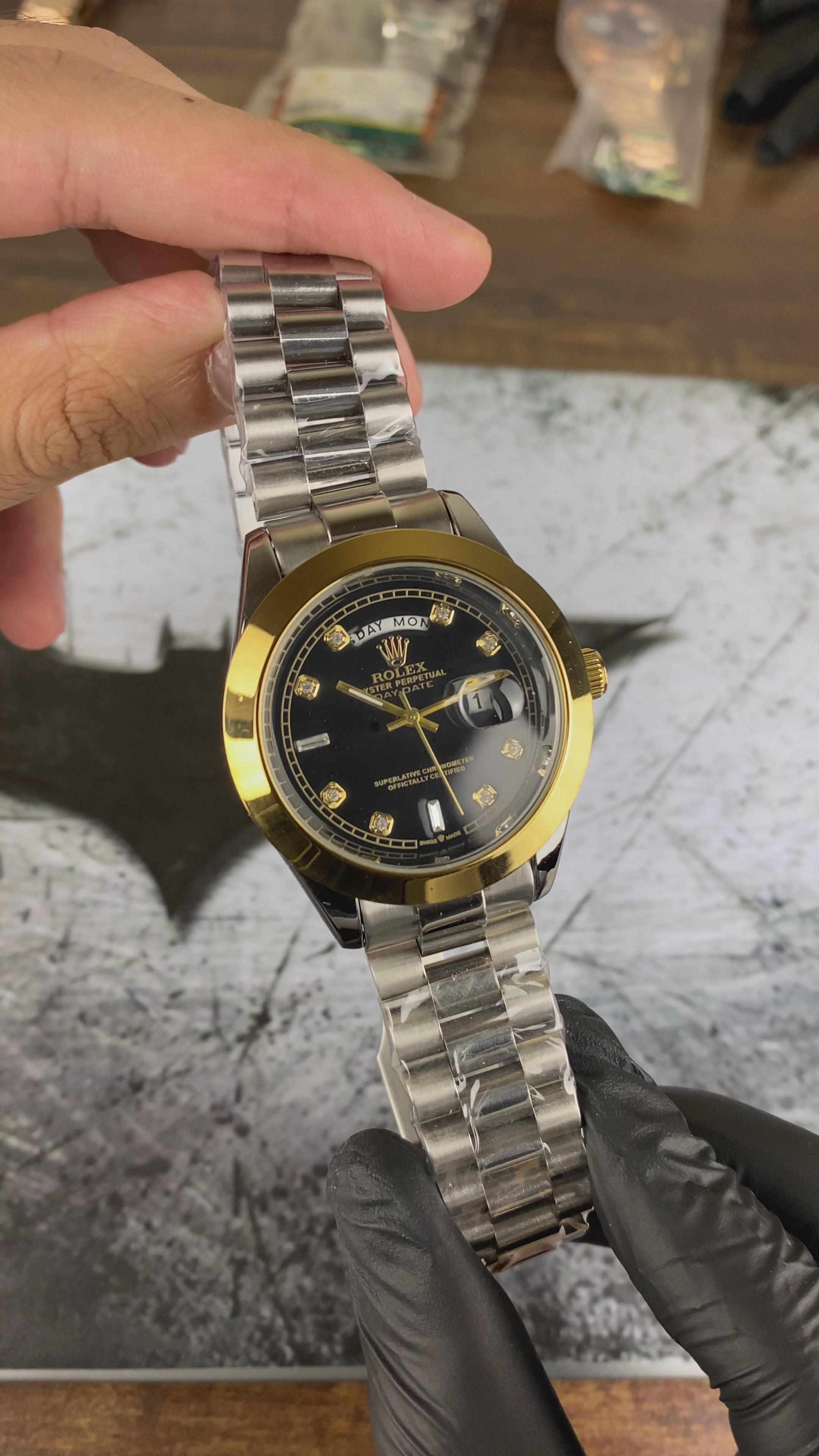Load video: ⌚ RLX DAY-DATE PRESIDENT 40MM – BLACK DIAMOND DIAL EDITION