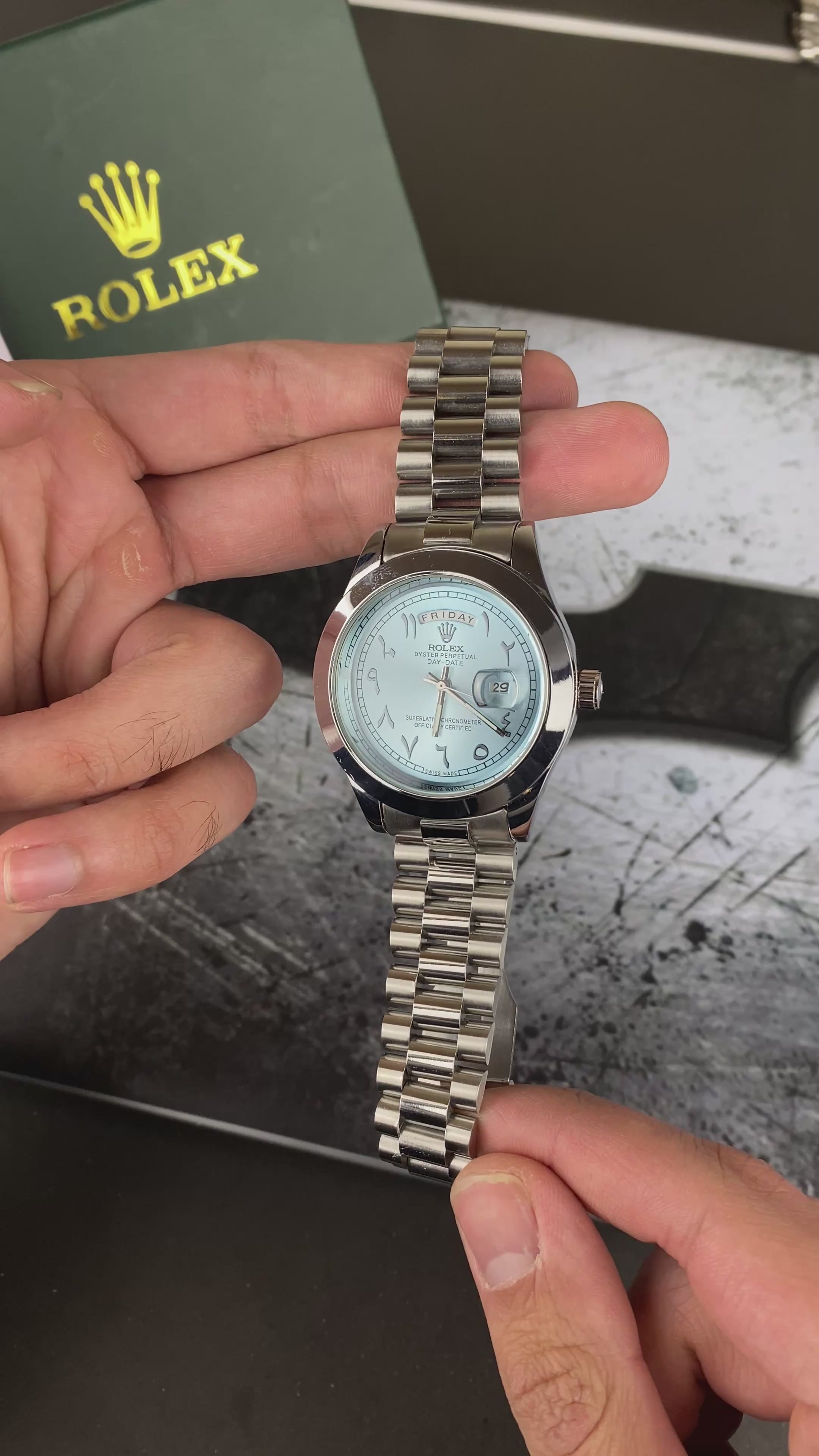 Load video: RLX Day-Date Arabic Dial Ice blue