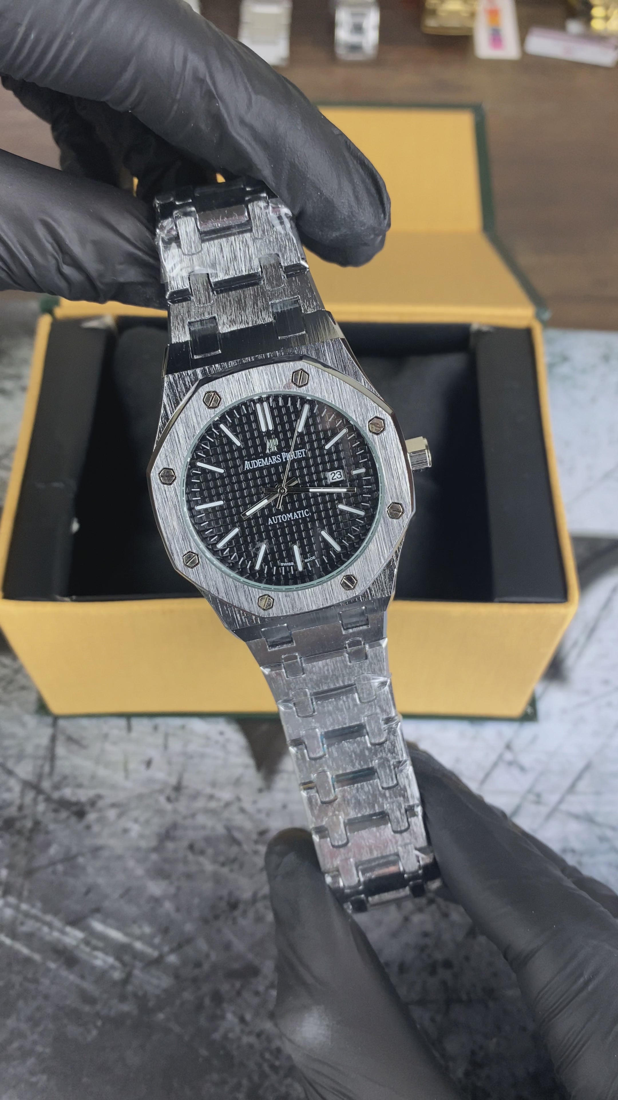 Load video: AP ROYAL OAK STYLE  – STAINLESS STEEL BLACK DIAL