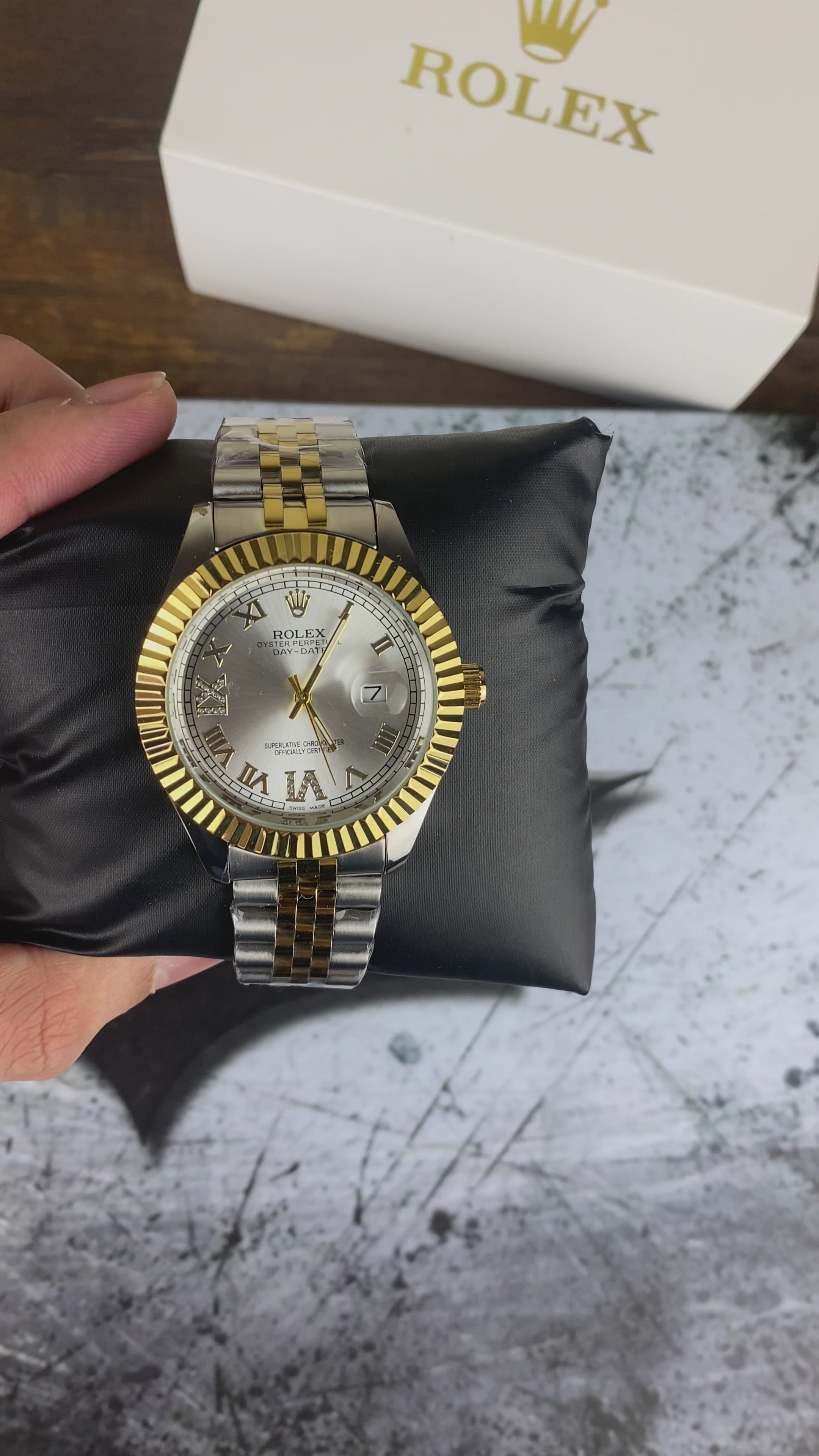 Load video: Rolex Oyster Perpetual Day-Date – Two-Tone Silver Roman Dial Luxury Watch