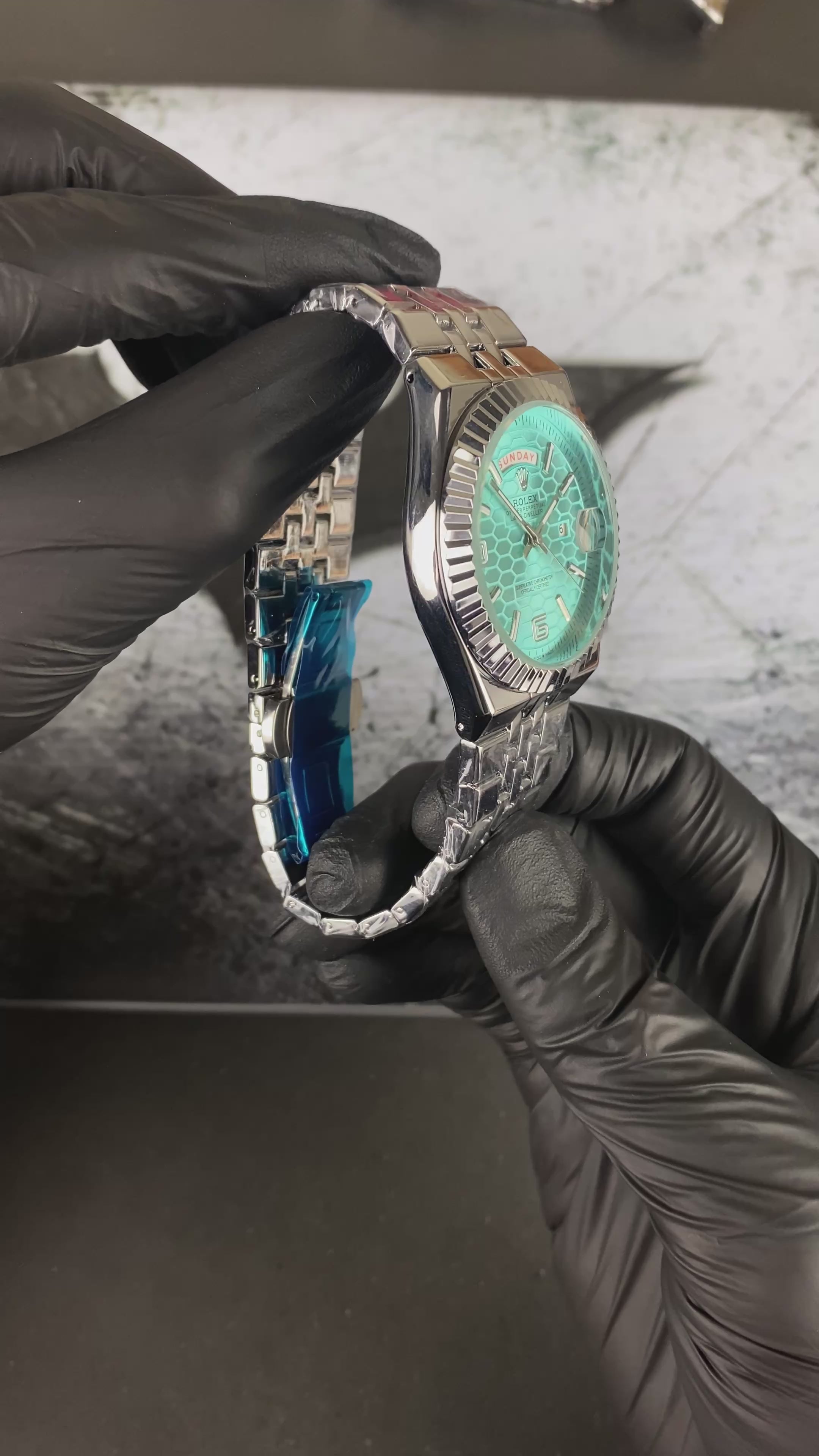 Load video: RLX Day-Date Land Dweller Ice (Blue)