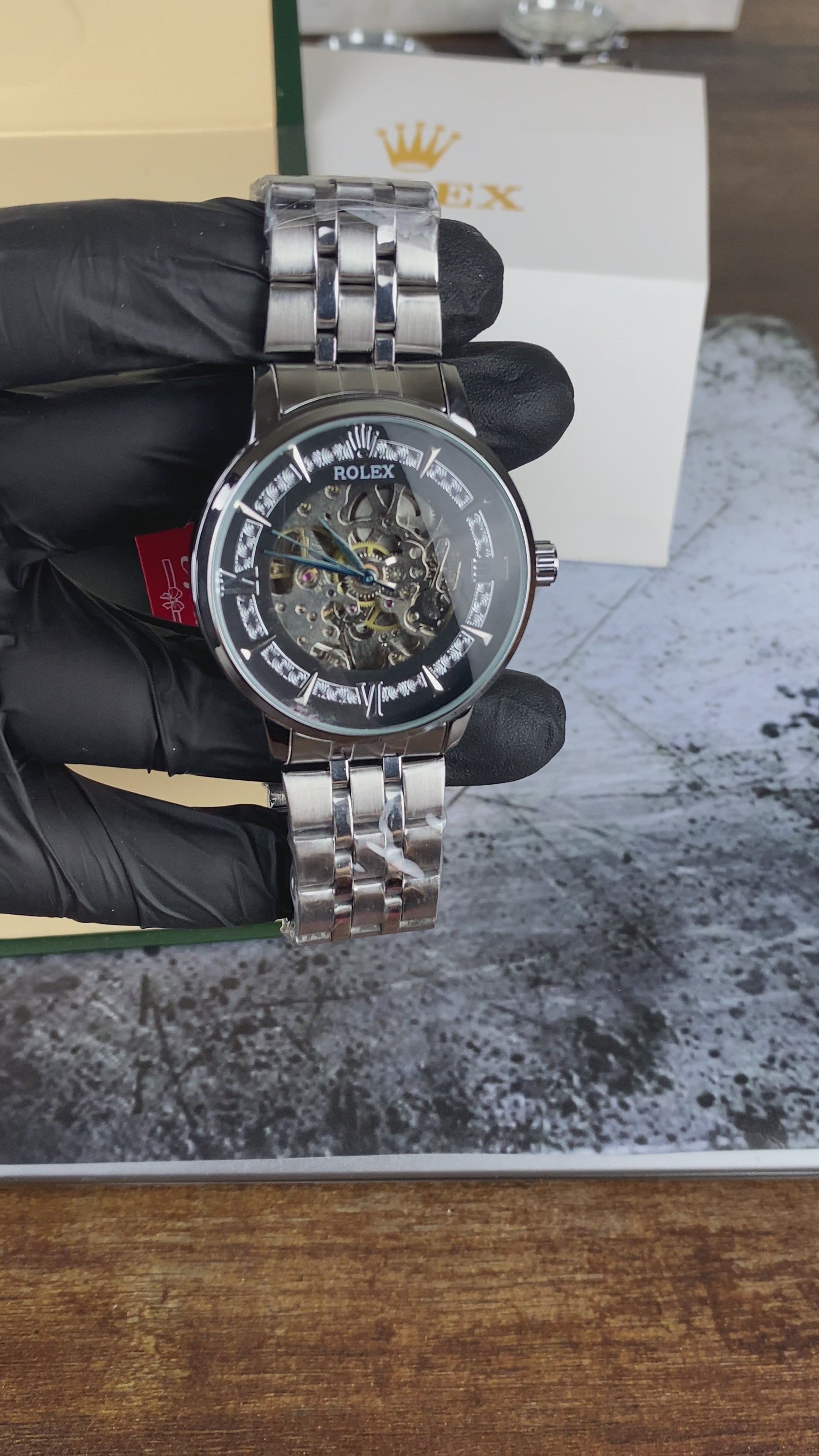 Load video: Rolex Black Skeleton Dial Stainless Steel Automatic Style Men's Watch