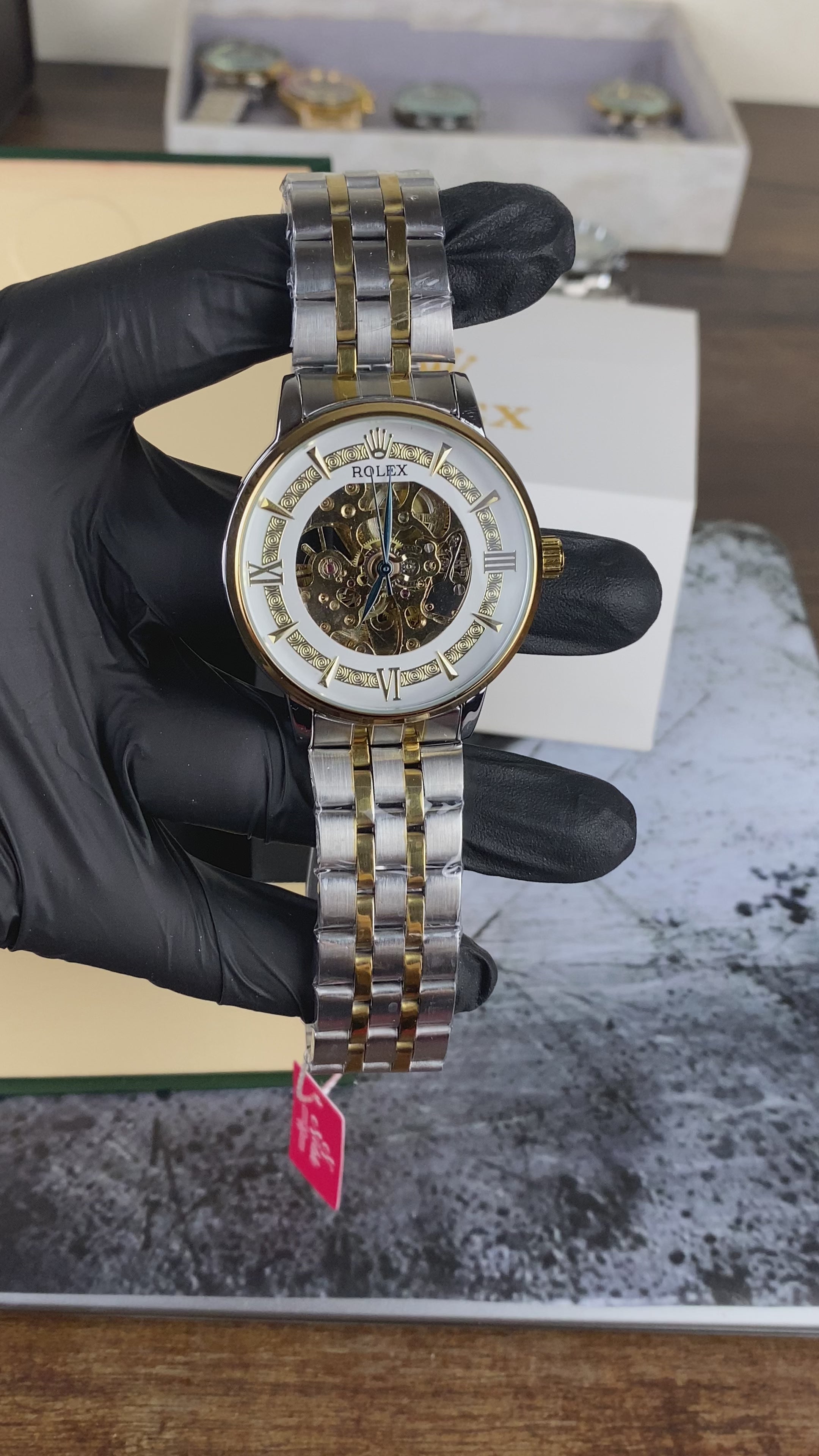 Load video: Rolex White Skeleton Dial Two-Tone Automatic Style Men's Watch
