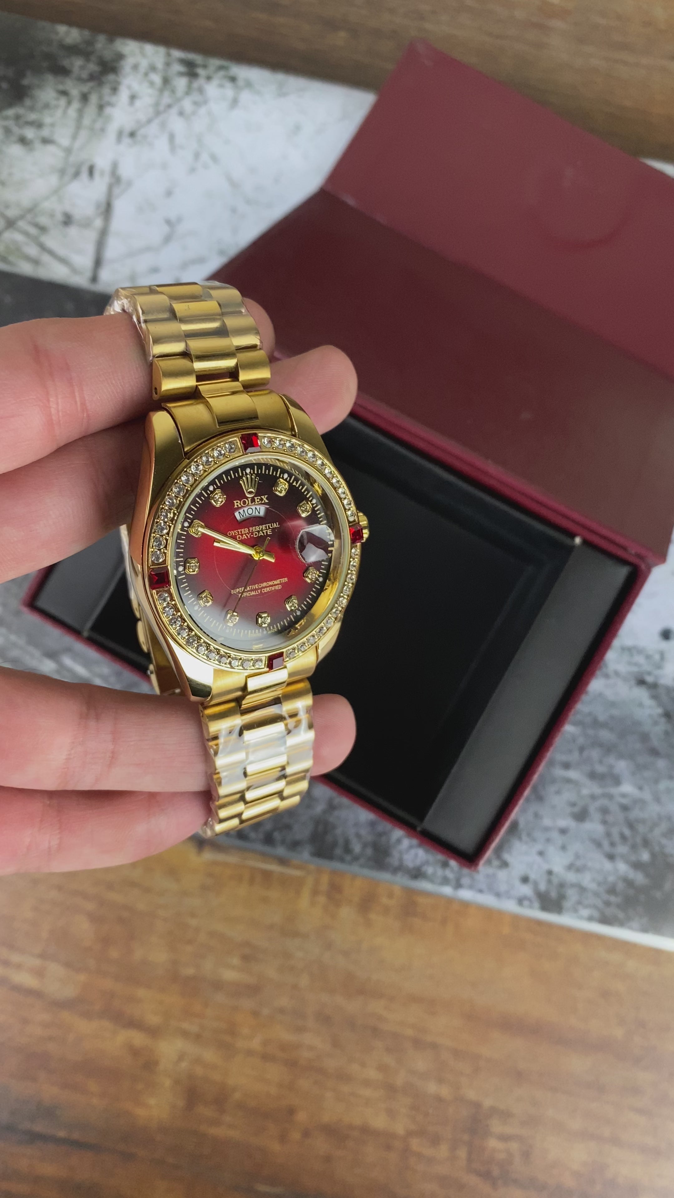 Load video: RLX – Royal Burgundy Diamond Dial Quartz Watch
